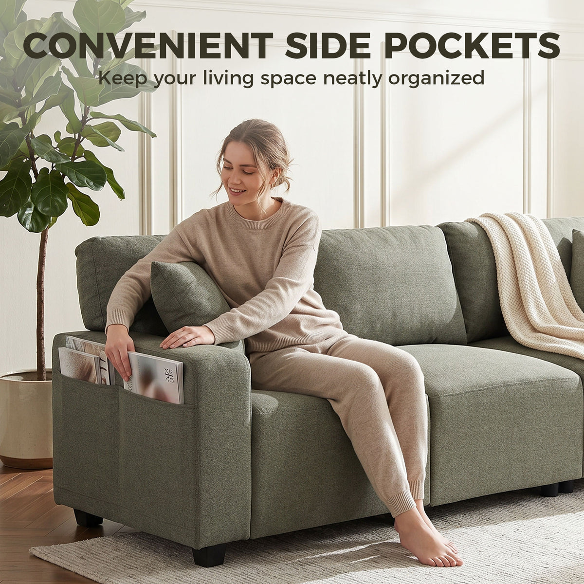 3 Seater Sofa, Linen-Look Fabric Upholstered Small Couch, Modern Sofa Settee with Storage Pockets, Pocket Springs and 2 Pillows for Living Room, Green