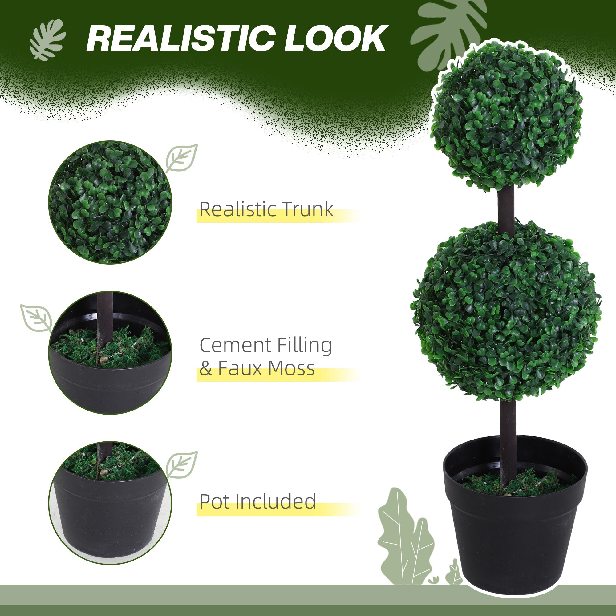 Boxwood Topiary Tree Set of 2, 2-Ball Artificial Plant, UV Resistant for Home Office, Living Room Decor, Dark Green
