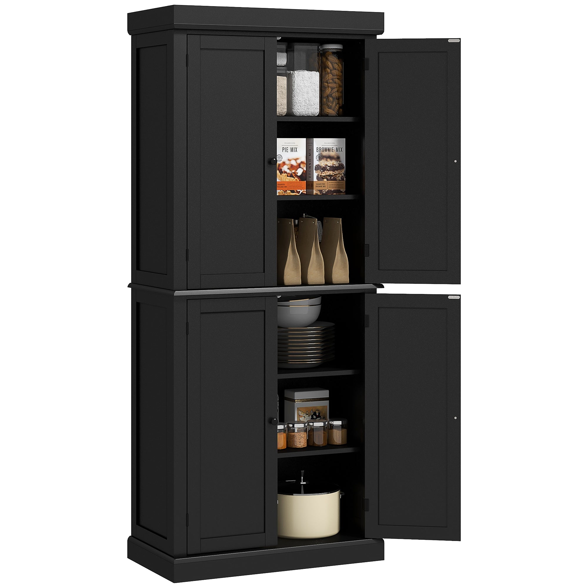 72" Freestanding Kitchen Pantry Storage Cabinet w/ Doors and Shelves, Black