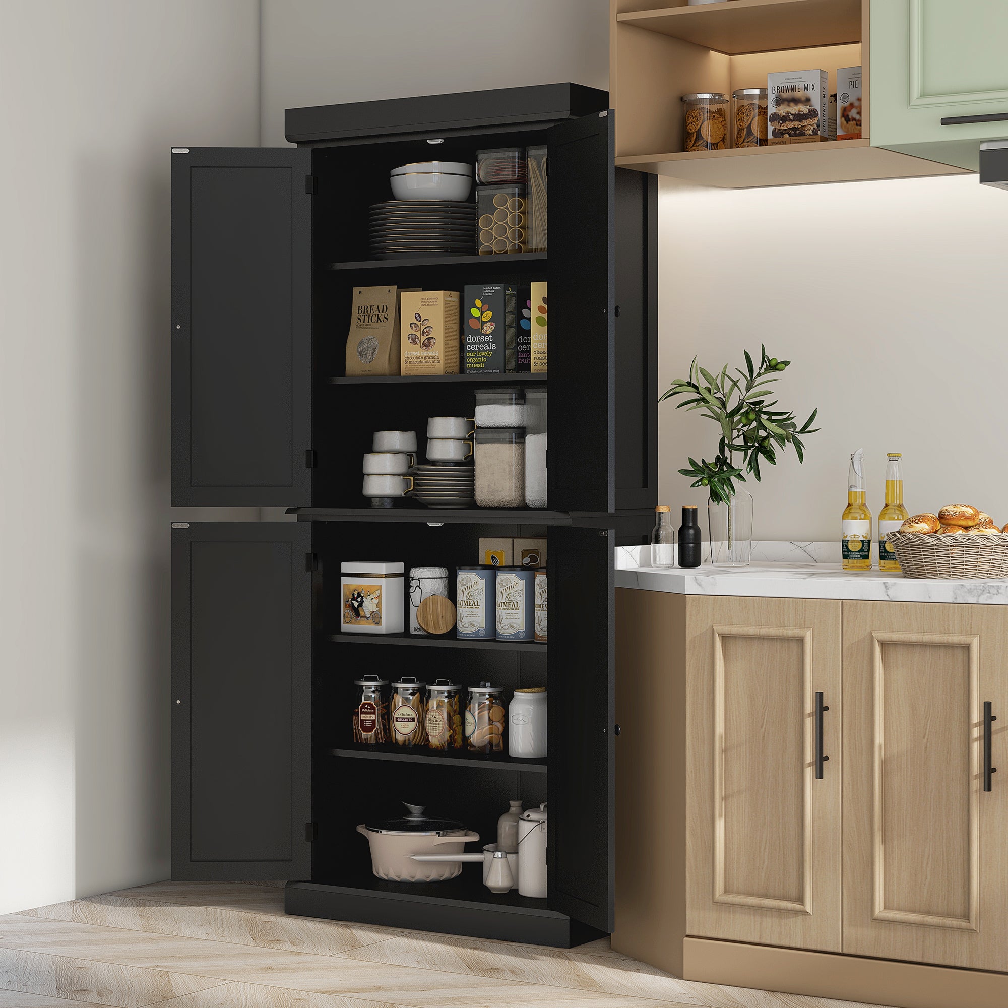 72" Freestanding Kitchen Pantry Storage Cabinet w/ Doors and Shelves, Black