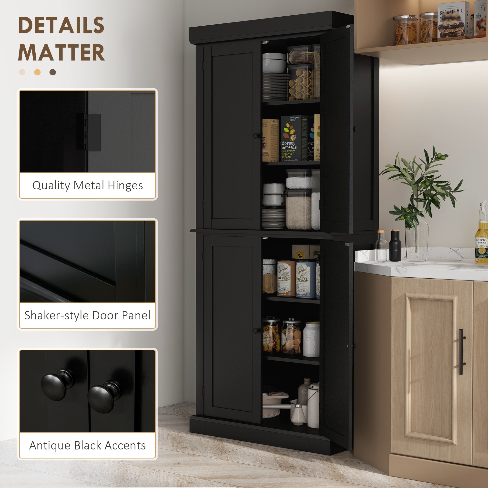 72" Freestanding Kitchen Pantry Storage Cabinet w/ Doors and Shelves, Black