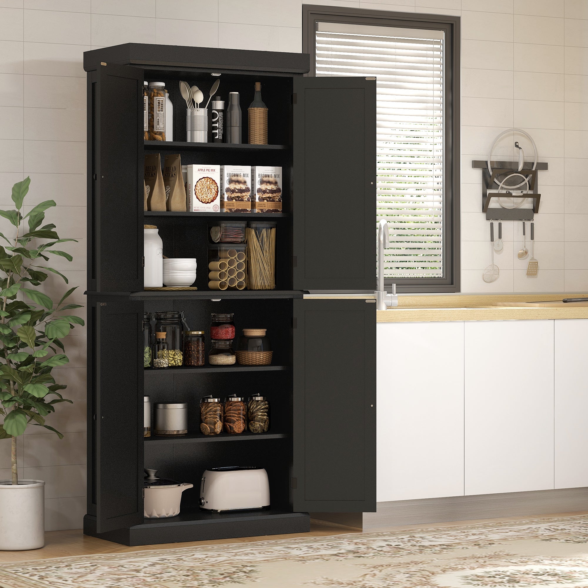 72" Freestanding Kitchen Pantry Storage Cabinet w/ Doors and Shelves, Black