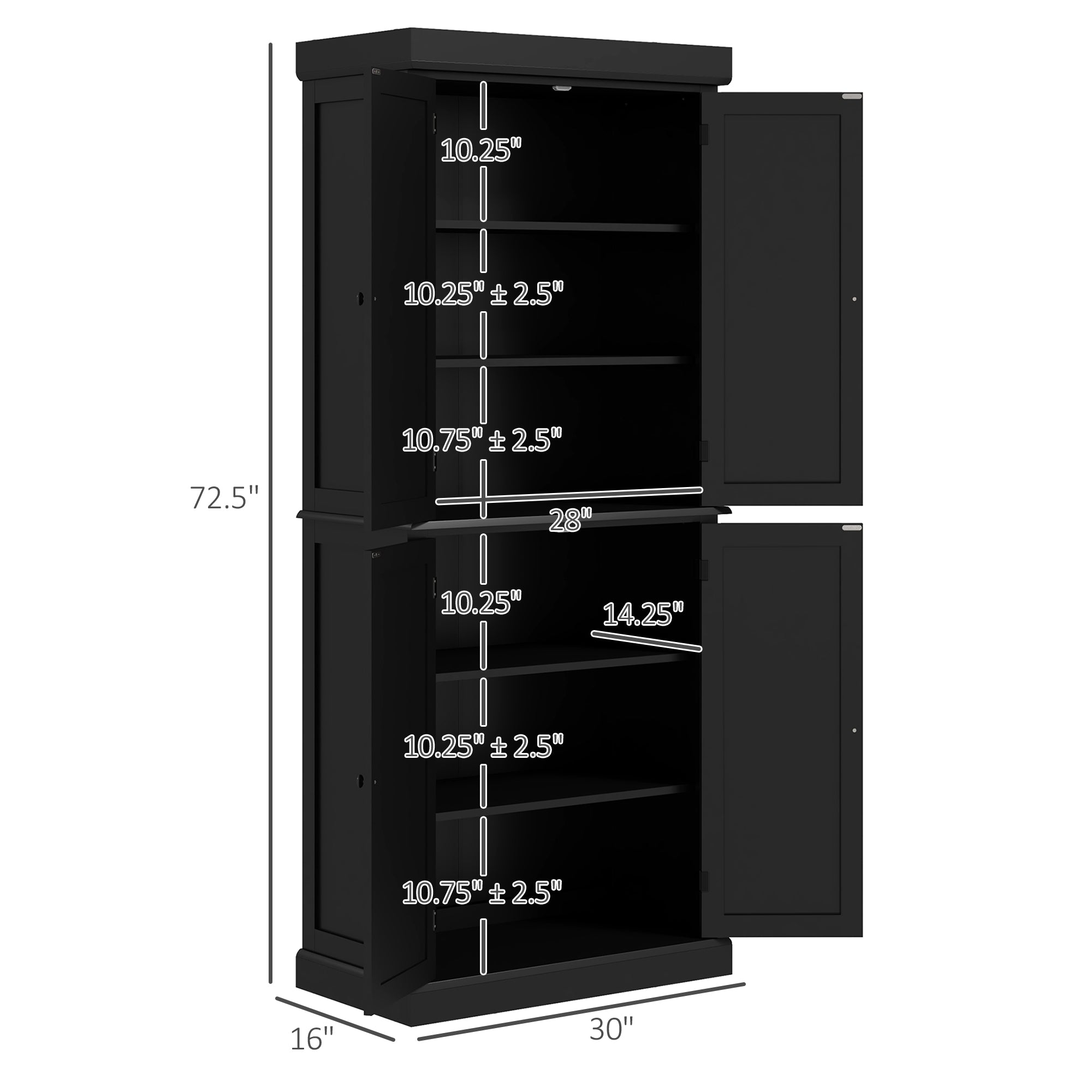 72" Freestanding Kitchen Pantry Storage Cabinet w/ Doors and Shelves, Black