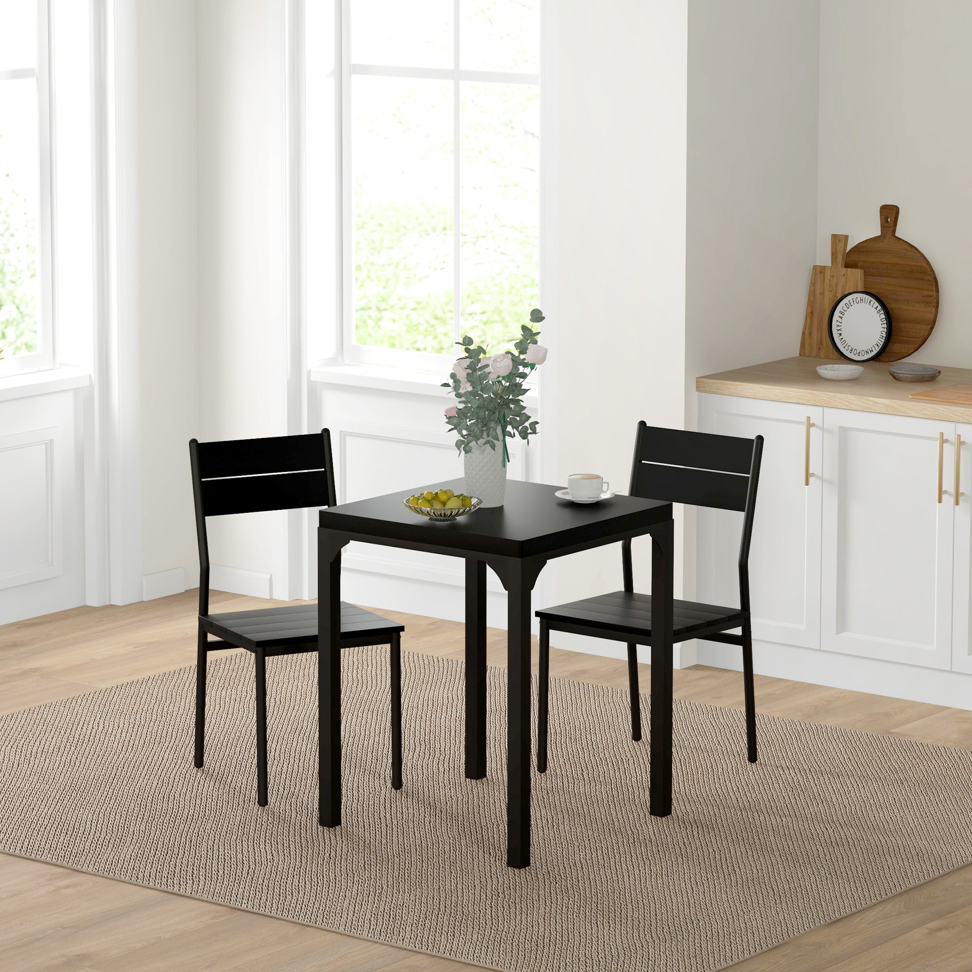 3 Piece Dining Room Set for 2, Dining Table Set for Breakfast Nook, Space Saving, Black