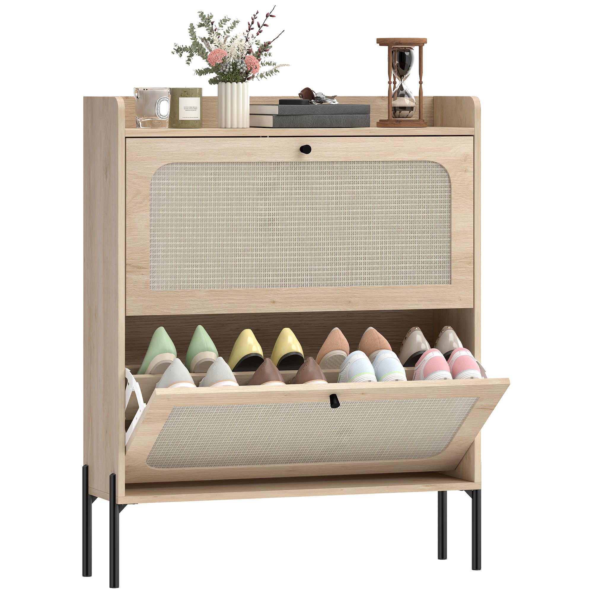 Shoe Cabinet with 2 Flip Drawers, Narrow Shoe Storage Cabinet with Adjustable Shelves, Raised Tabletop, Rattan Accent, Boho Storage Organizer for Entryway, Hallway, Holds 12-16 Pairs, Oak