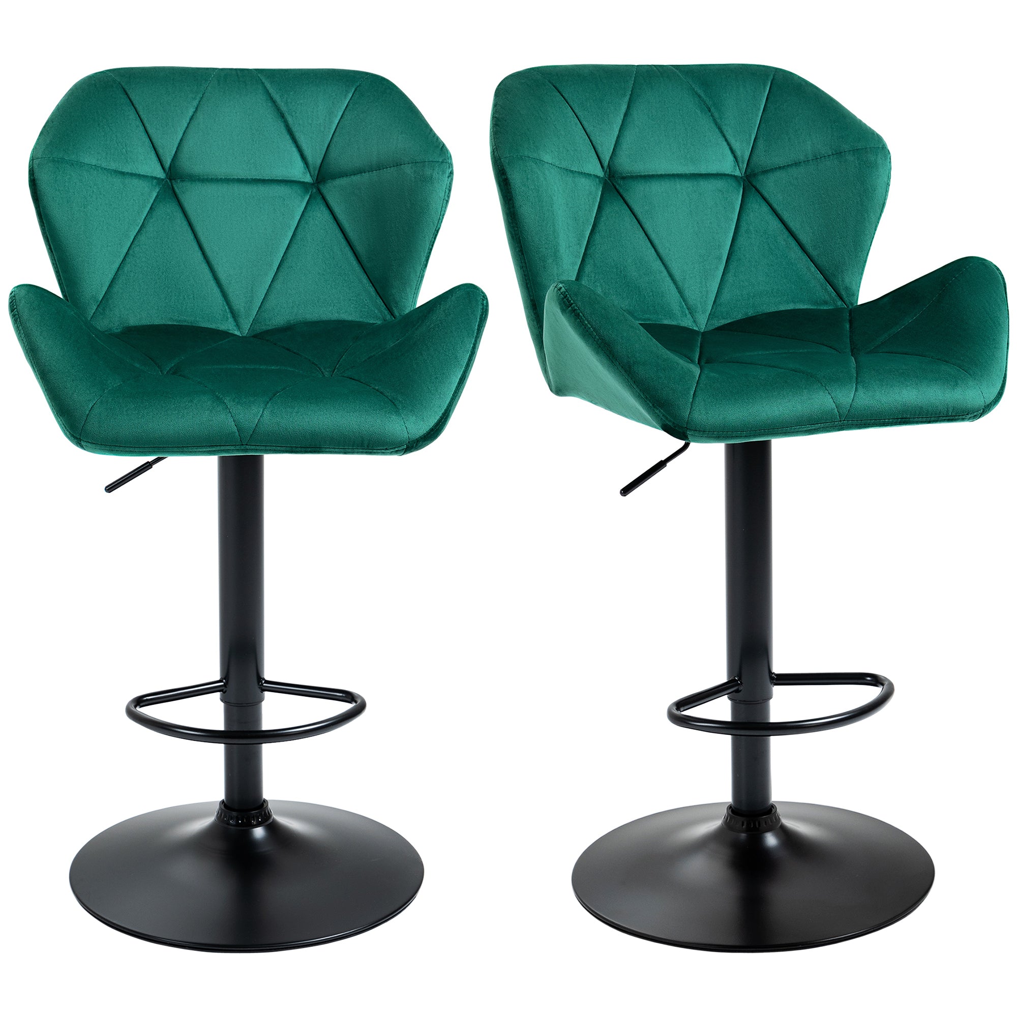 HOMCOM Bar Stools Set Of 2, Luxurious Velvet-Touch Barstools with Metal Frame Footrest Round Base Triangle Indenting Moulded Seat Adjustable Height Swivel Green