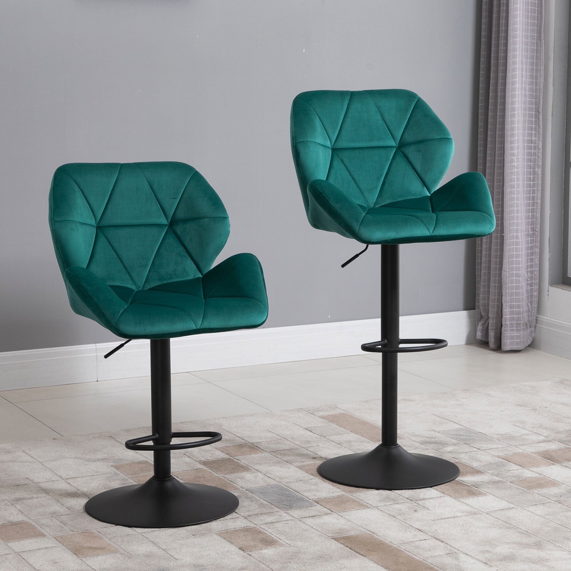 HOMCOM Bar Stools Set Of 2, Luxurious Velvet-Touch Barstools with Metal Frame Footrest Round Base Triangle Indenting Moulded Seat Adjustable Height Swivel Green