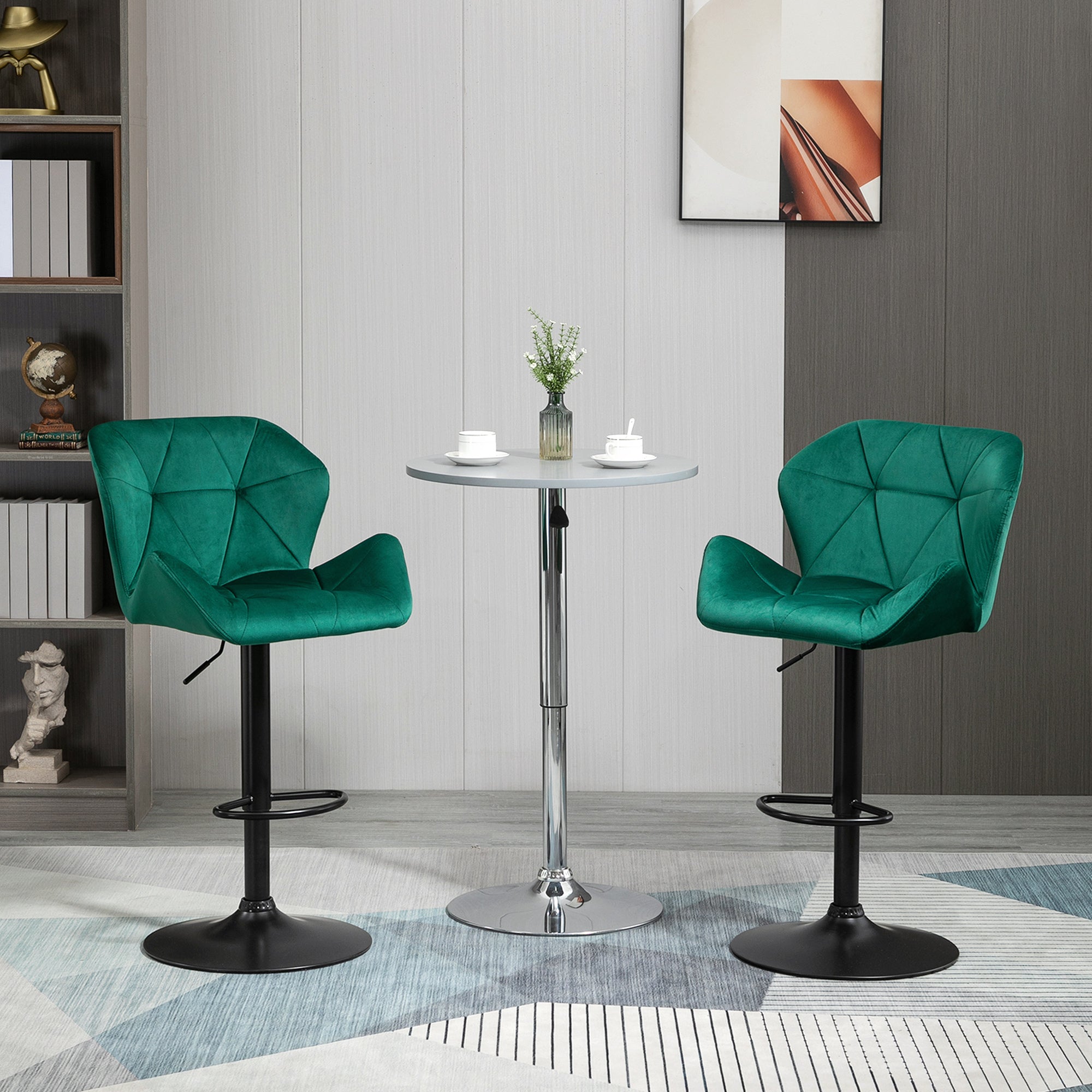HOMCOM Bar Stools Set Of 2, Luxurious Velvet-Touch Barstools with Metal Frame Footrest Round Base Triangle Indenting Moulded Seat Adjustable Height Swivel Green