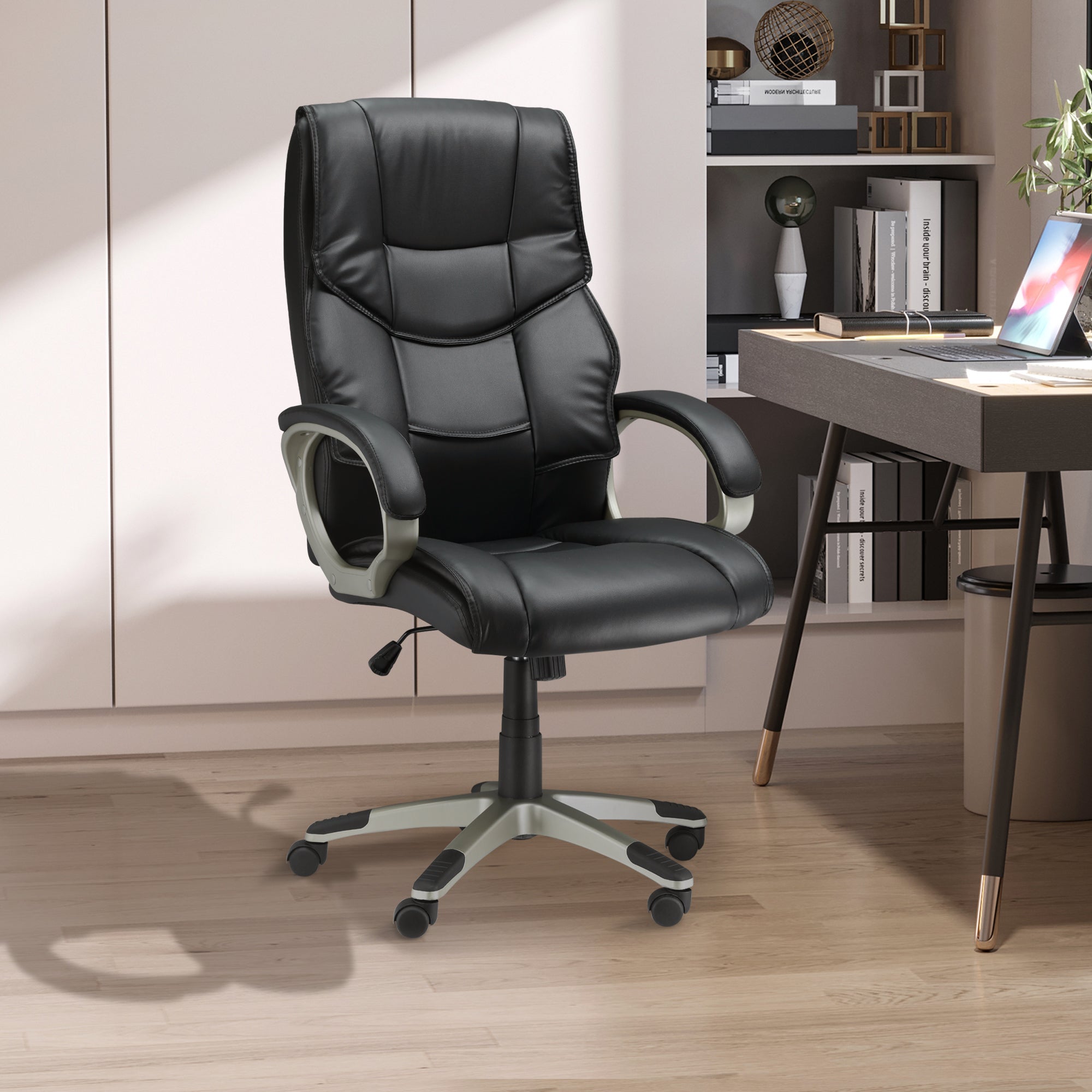 HOMCOM High Back Computer Office Chair Faux Leather Swivel Desk Chair with Adjustable Height Rocking Function Black