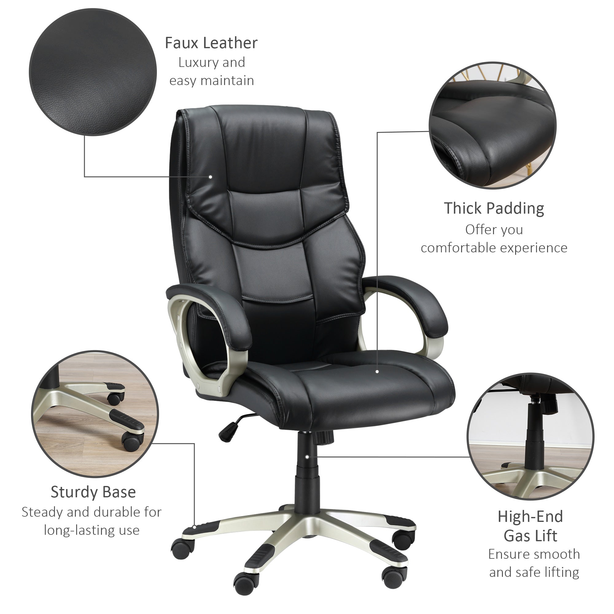 HOMCOM High Back Computer Office Chair Faux Leather Swivel Desk Chair with Adjustable Height Rocking Function Black
