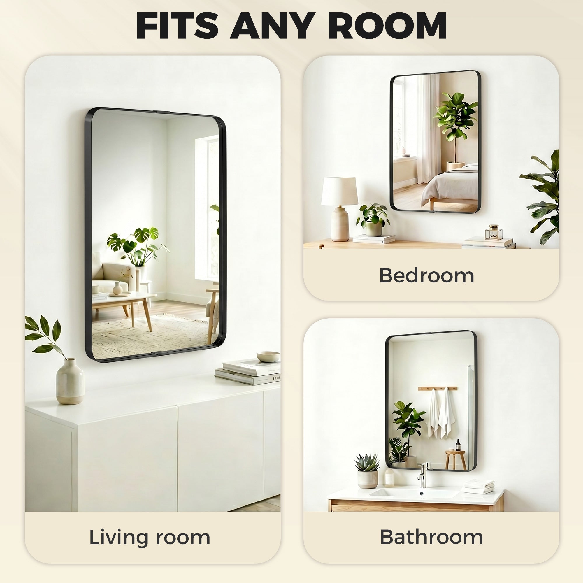 Rectangular Wall Mirror, 90 x 60 cm Wall Mounted Bathroom Mirror with Aluminium Alloy Frame and Tempered Glass for Hallway, Living Room, Bedroom, Black