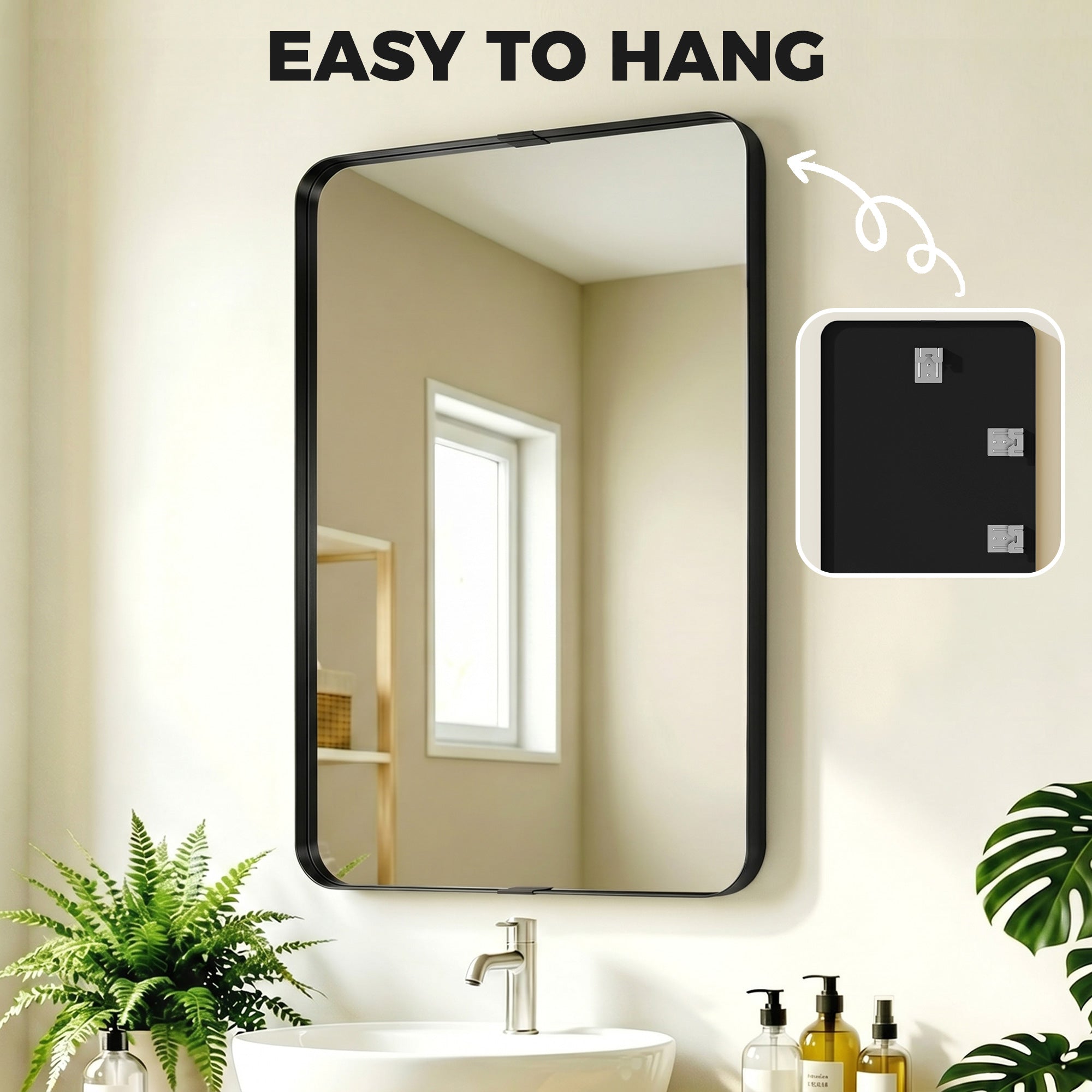Rectangular Wall Mirror, 90 x 60 cm Wall Mounted Bathroom Mirror with Aluminium Alloy Frame and Tempered Glass for Hallway, Living Room, Bedroom, Black