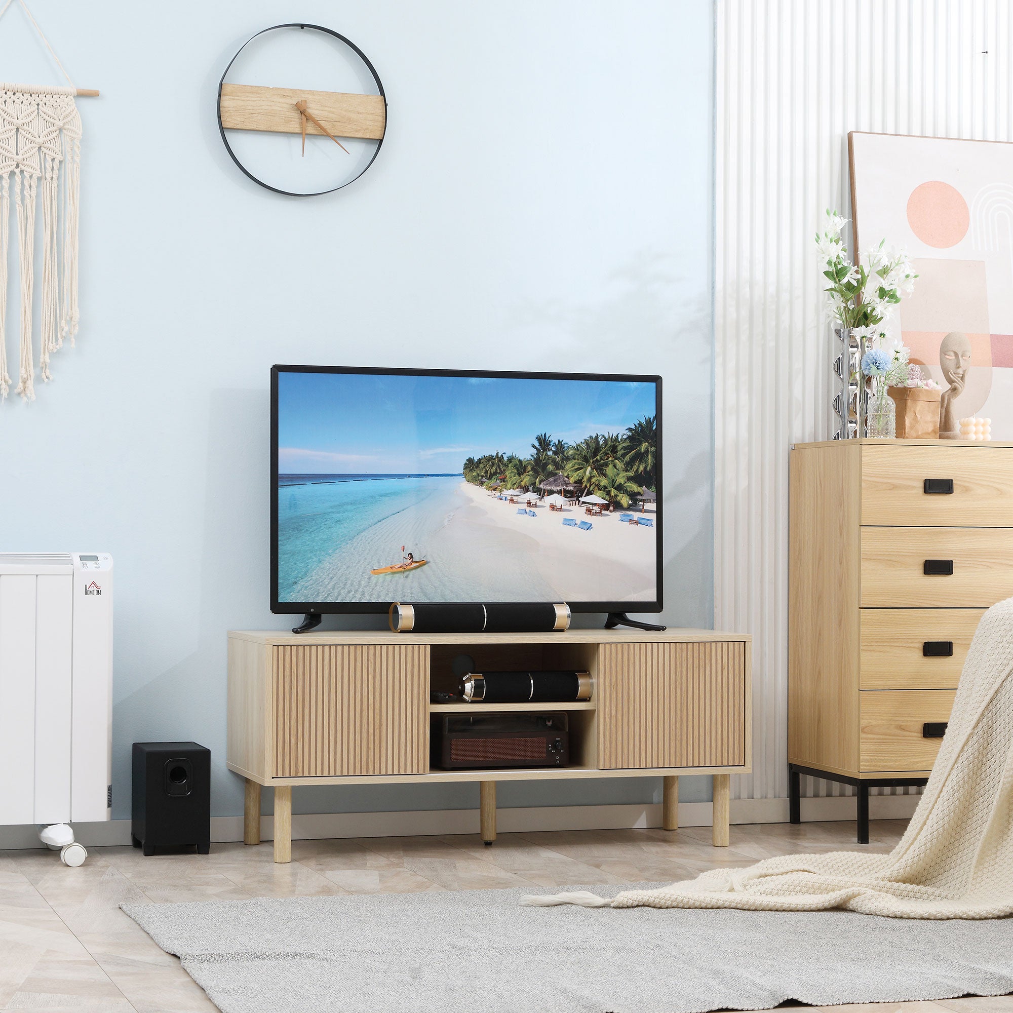 HOMCOM TV Stand Cabinet, TV Unit for TVs up to 50", TV Cabinet with Storage Shelves, Sliding Doors and Cable Holes for Living Room, Bedroom, Natural Wood Finish