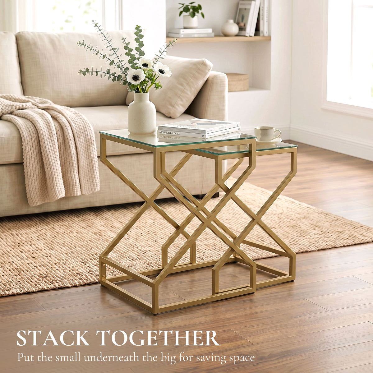 Nest of Tables, Side Table Set of 2 with Transparent Top, Coffee Table Set with Foot Pads, Steel Frame and Tempered Glass Top for Living Room Bedroom Office, Transparent