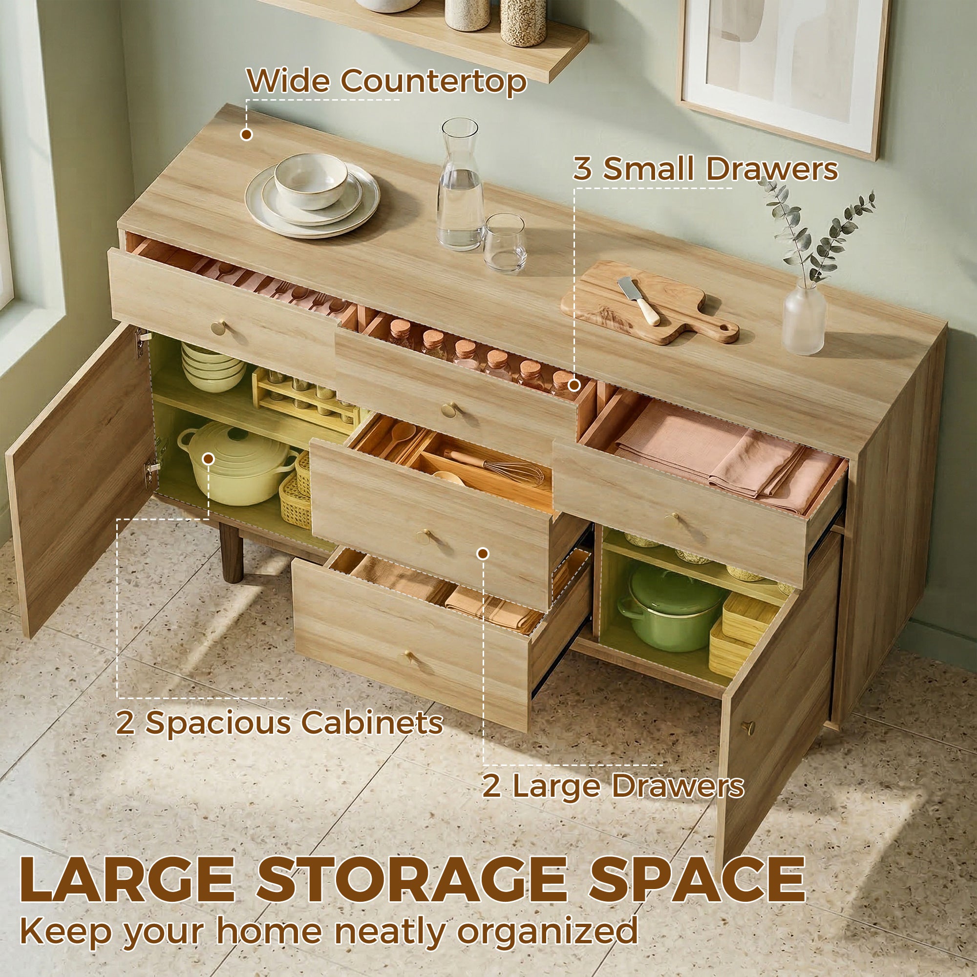 Modern Sideboard, Buffet Cabinet, Storage Cupboards with Adjustable Shelf, 5 Drawers and 2 Cabinets, 136 x 38 x 80 cm, for Living Room, Kitchen, Dining Room