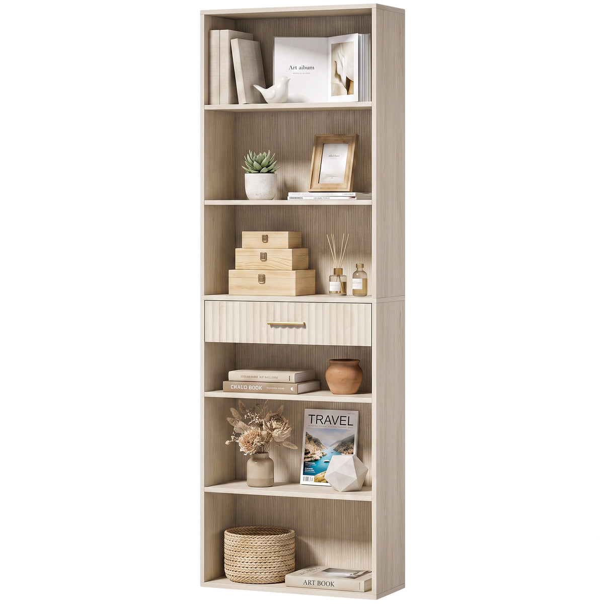Tall Bookcase with Cubes, 7-Tier Bookshelf with Drawer, Freestanding Shelving Unit, 60 x 24 x 182 cm, Space-Saving for Study, Home Office, Living Room, Oak Wood Effect