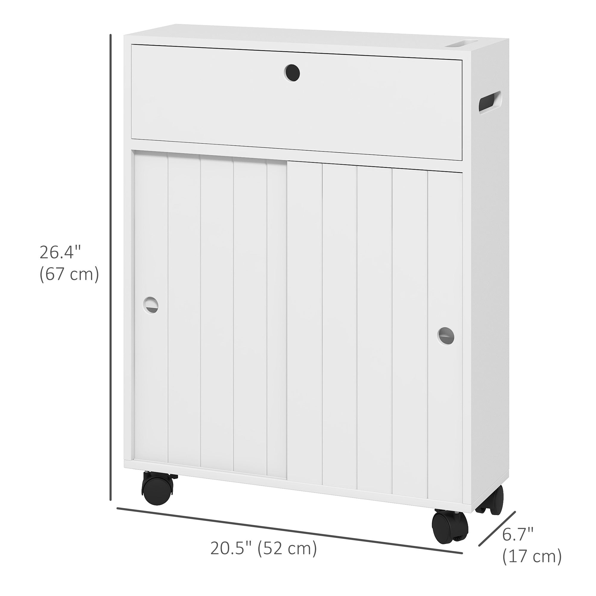 Slim Bathroom Cabinet, Modern Narrow Bathroom Storage Cabinet with 4 Rolling Wheels and Paper Holes, White