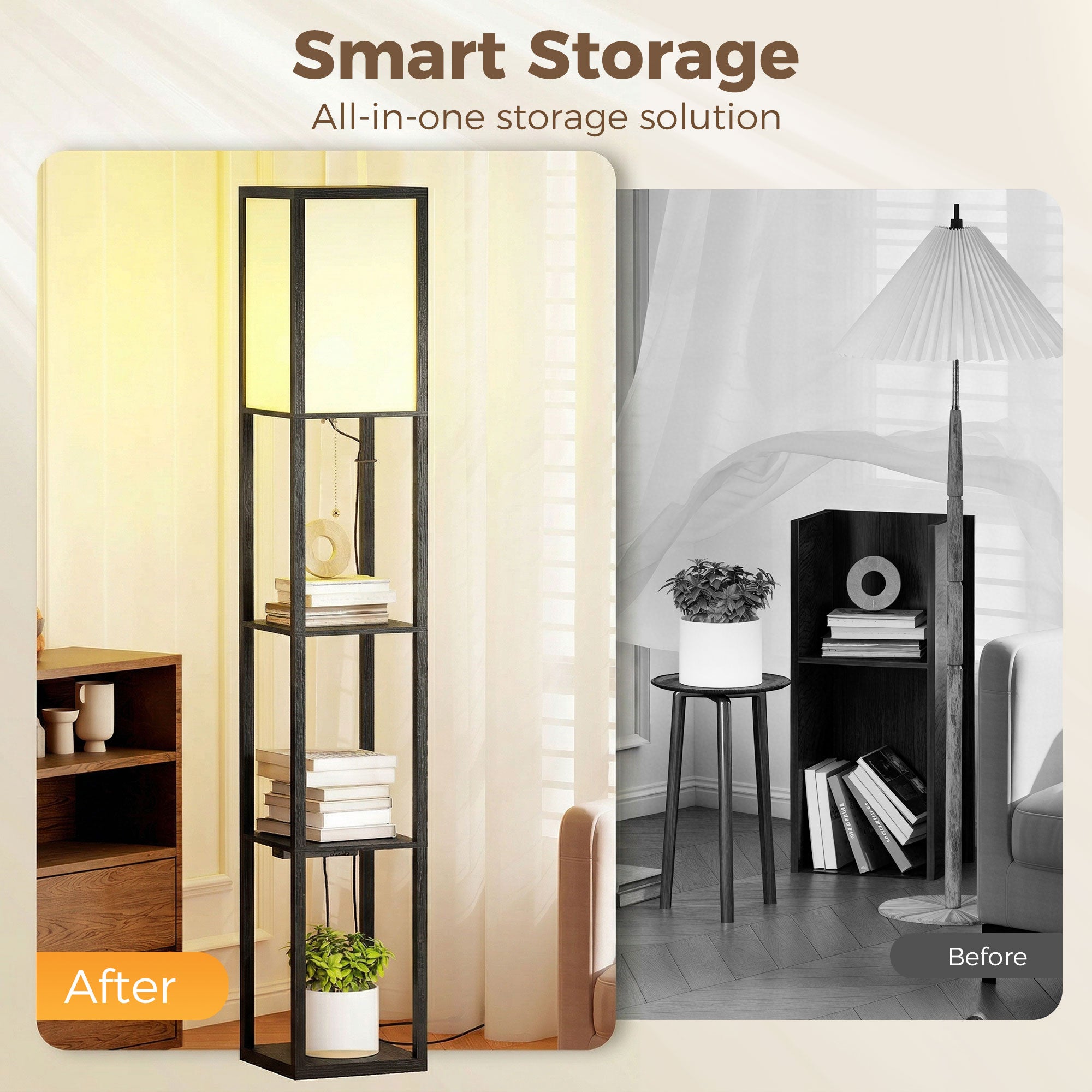 3-Tier Floor Lamp with Shelves and Storage, Modern Corner Standing Lamp with LED Bulb, Lampshade, Reading Light with Foot Switch for Living Room, Bedroom, Home Office, Black