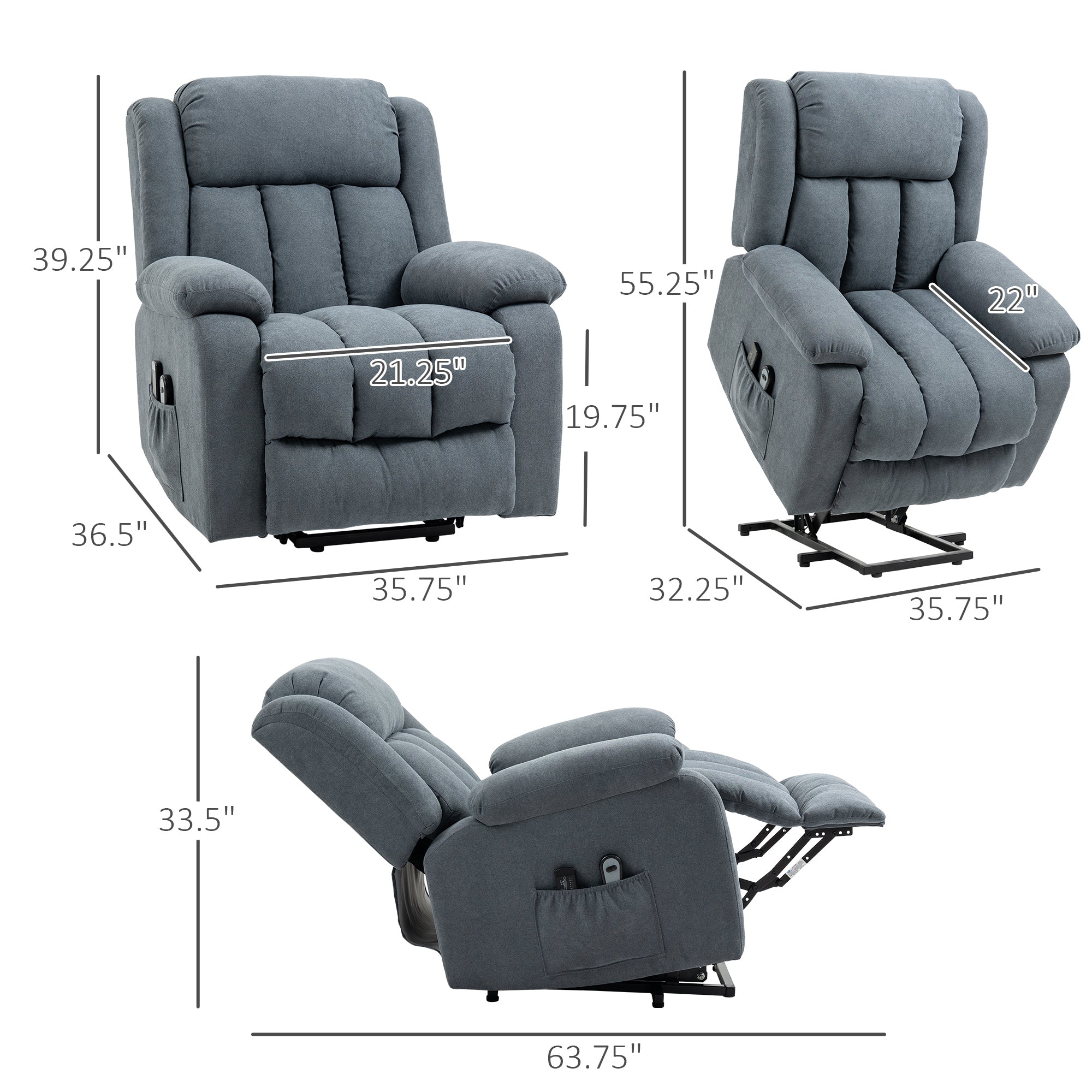 Big & Tall Power Lift Chair with Massage, Remote Control & Side Pockets, Grey