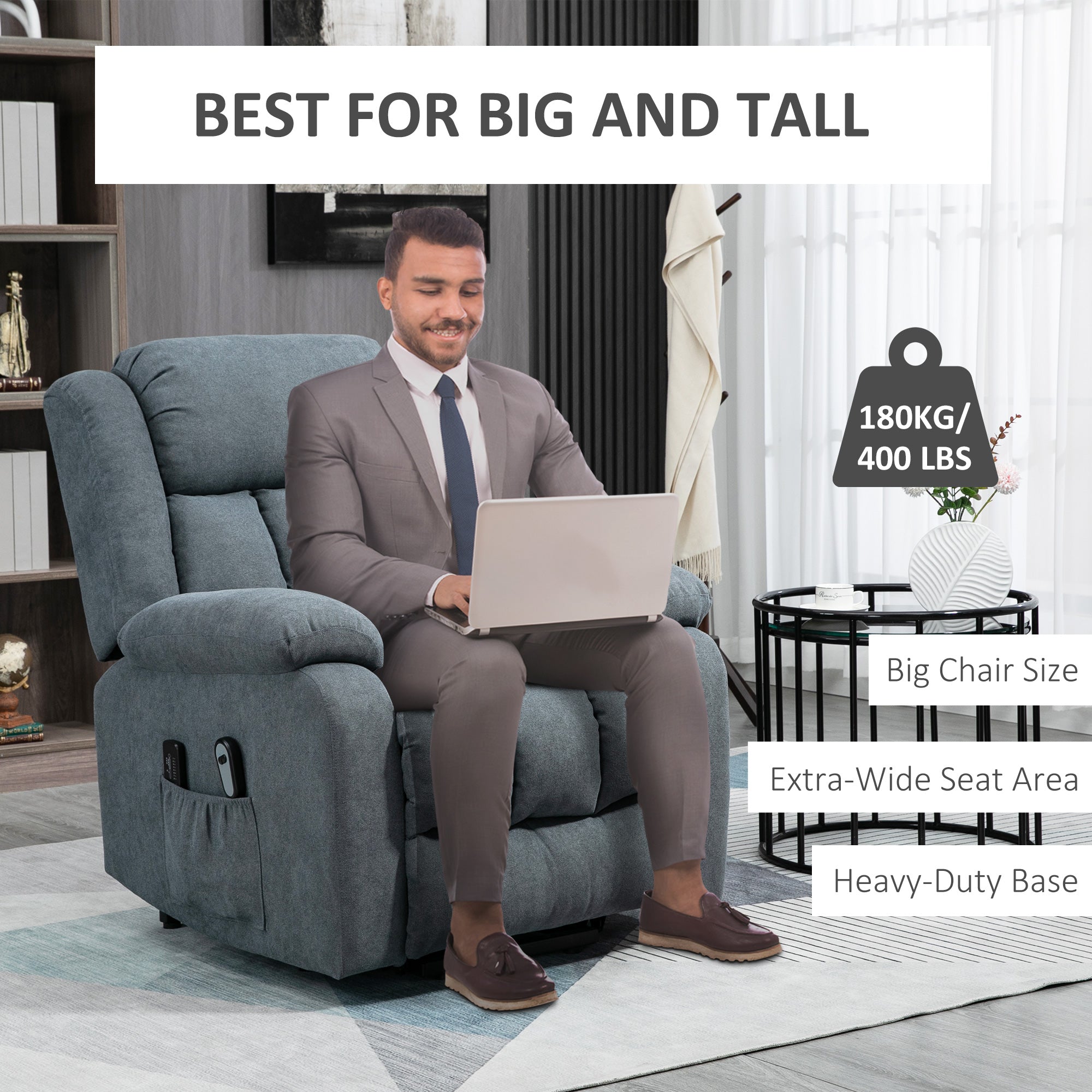 Big & Tall Power Lift Chair with Massage, Remote Control & Side Pockets, Grey