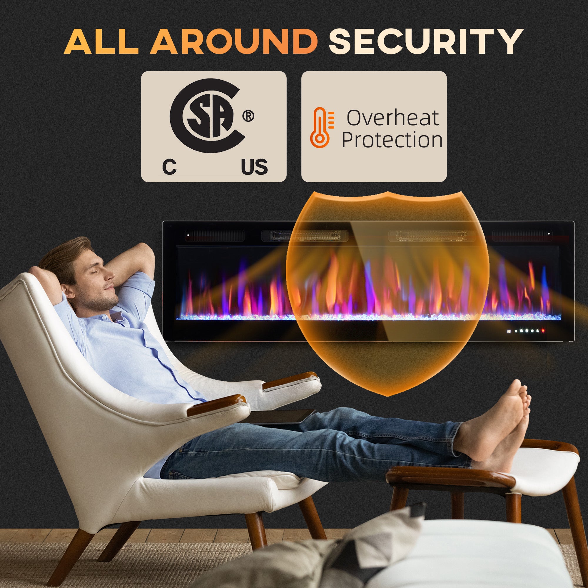 60" Electric Fireplace, 1500W Recessed/Wall Mounted Stove Heater with Adjustable Flame, Black