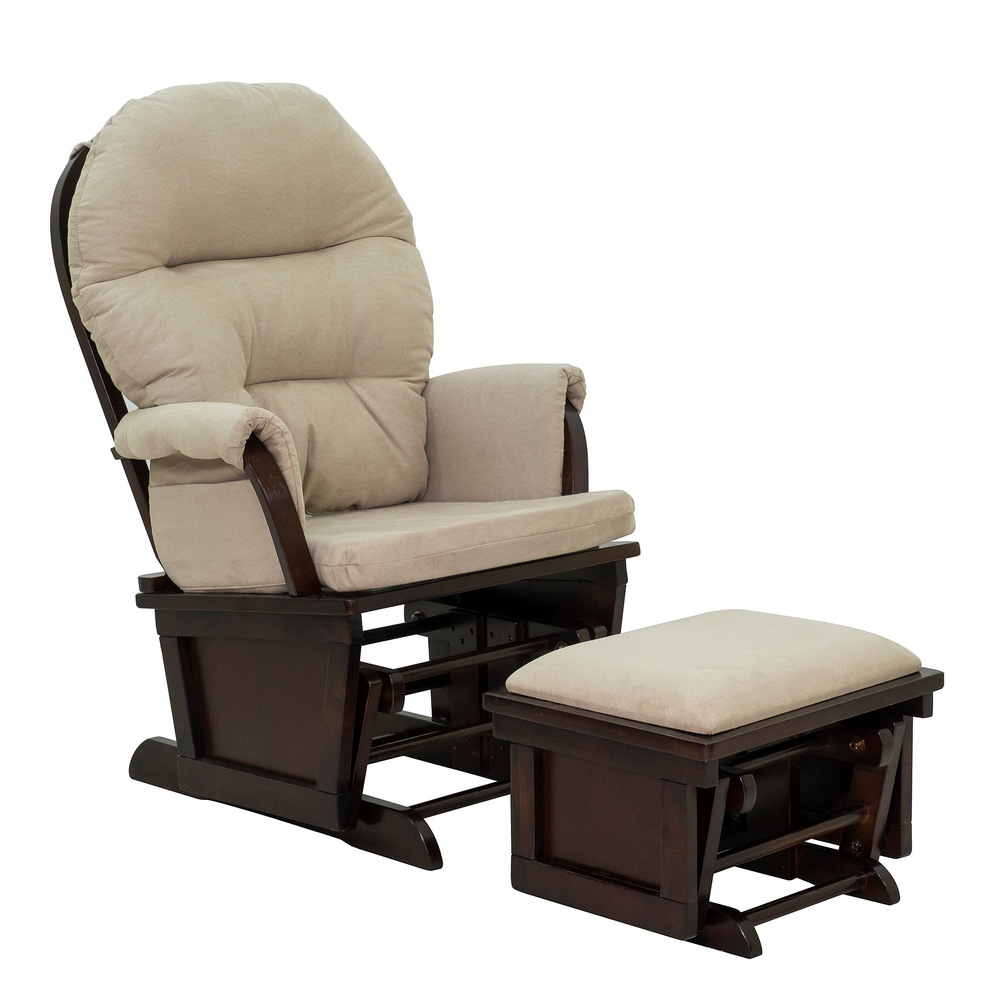 Nursery Glider Rocking Chair with Ottoman Thick Padded Cushion Seating and Wood Base Beige