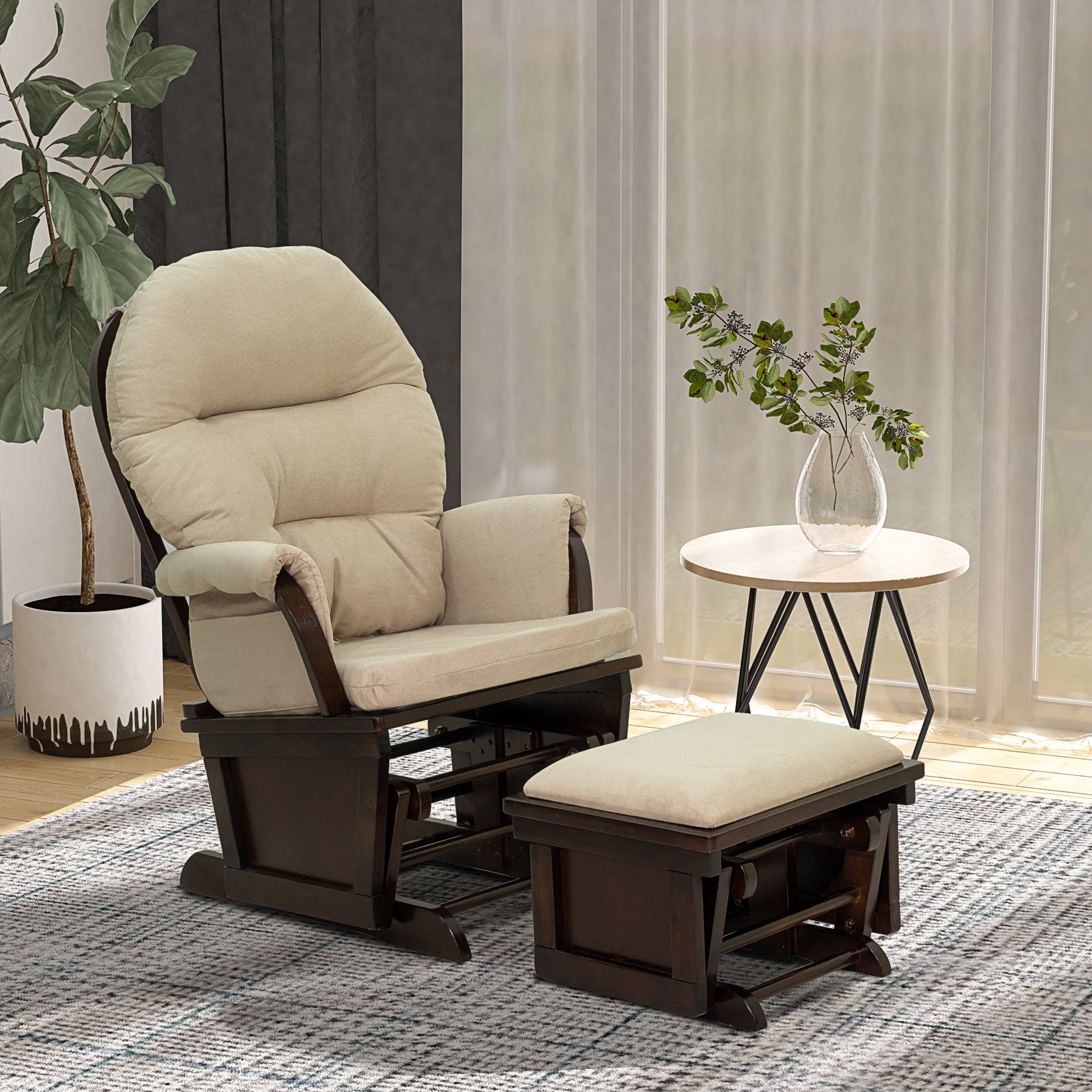Nursery Glider Rocking Chair with Ottoman Thick Padded Cushion Seating and Wood Base Beige