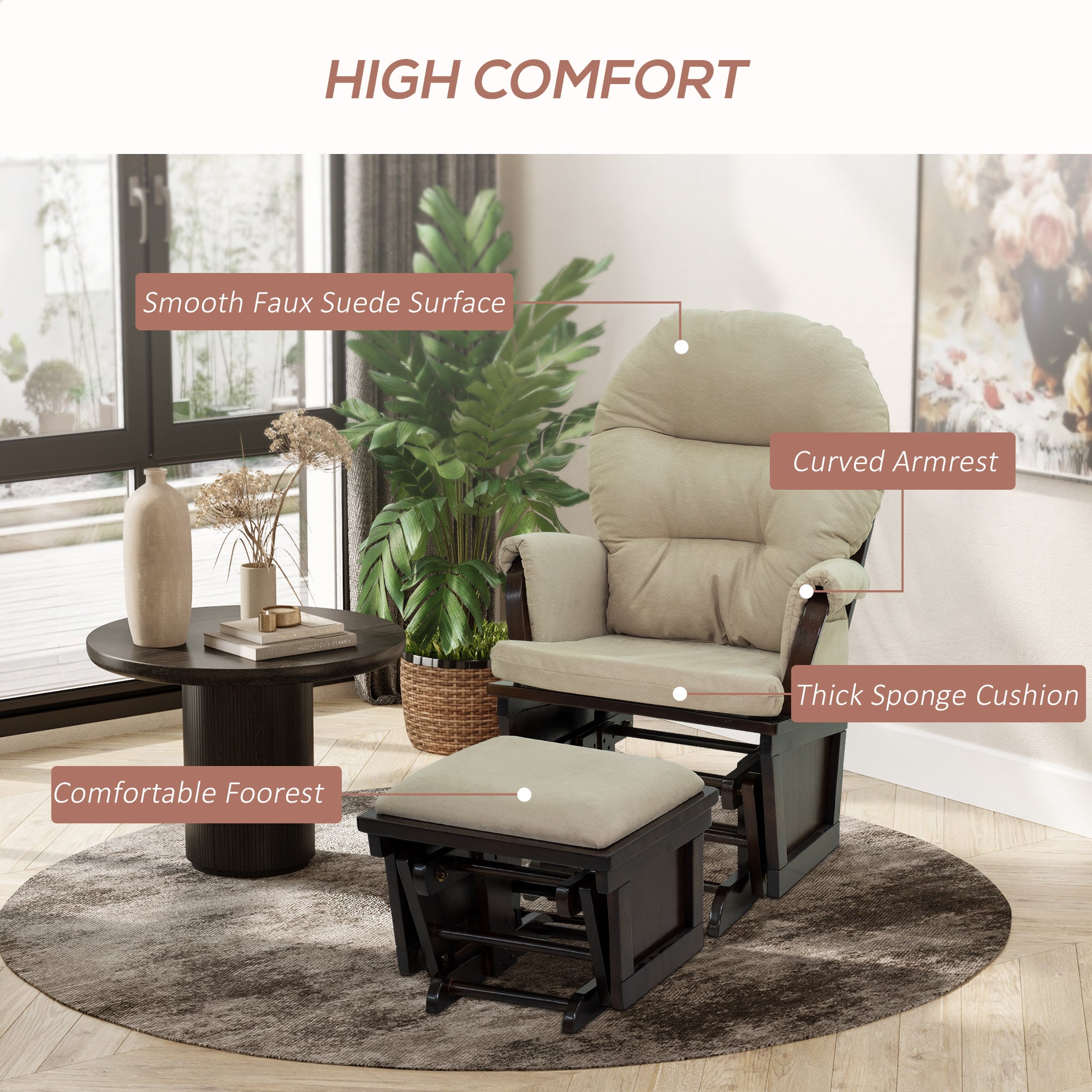 Nursery Glider Rocking Chair with Ottoman Thick Padded Cushion Seating and Wood Base Beige