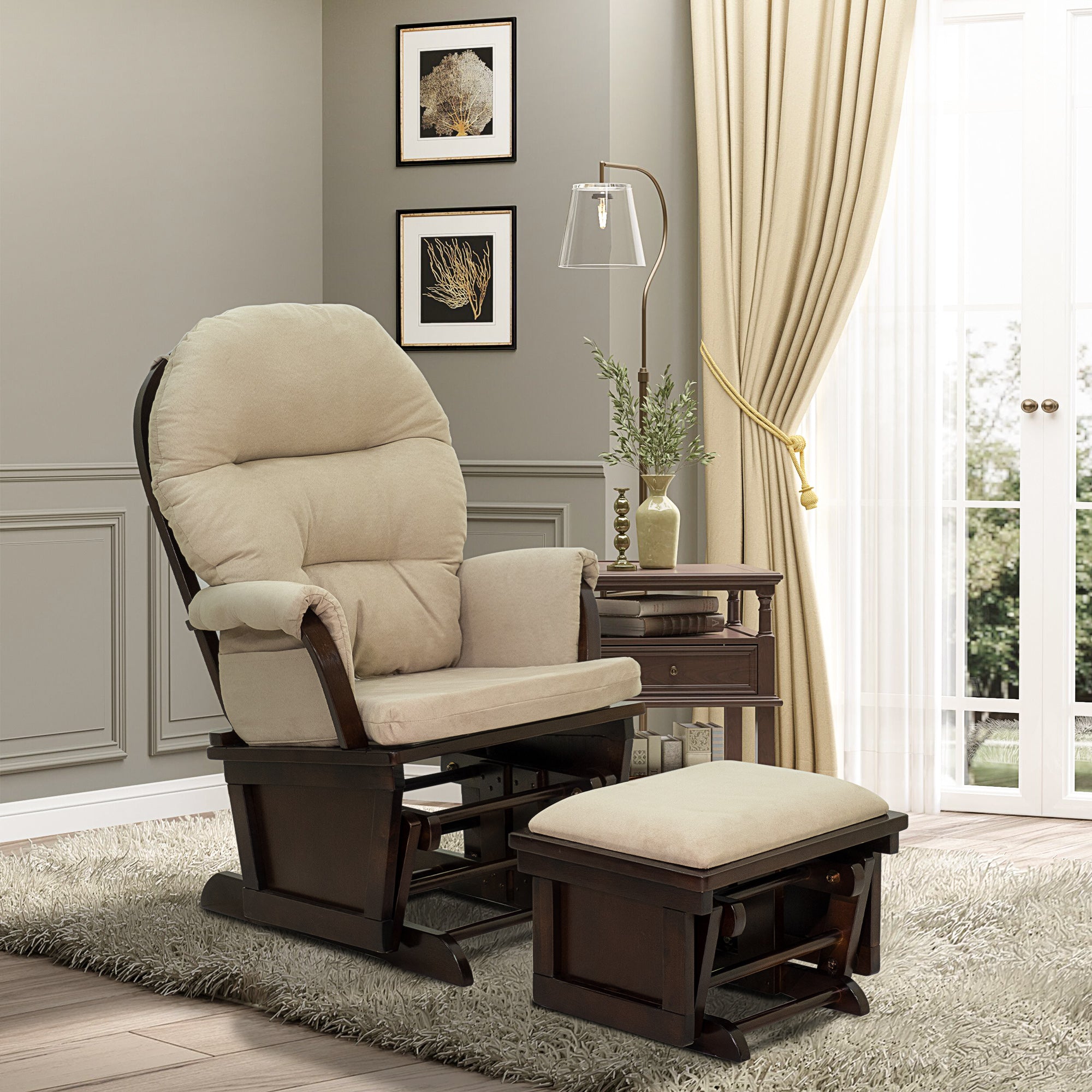 Nursery Glider Rocking Chair with Ottoman Thick Padded Cushion Seating and Wood Base Beige