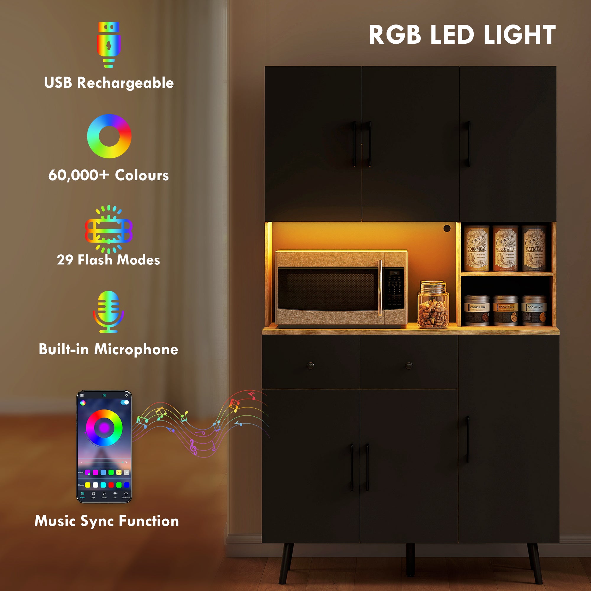 176 cm Tall Kitchen Cupboard with RGB LED Lights, Freestanding 6-Door Kitchen Storage Cabinet with 2 Drawers, Adjustable Shelves, Open Countertop and Cable Hole, Oak and Black
