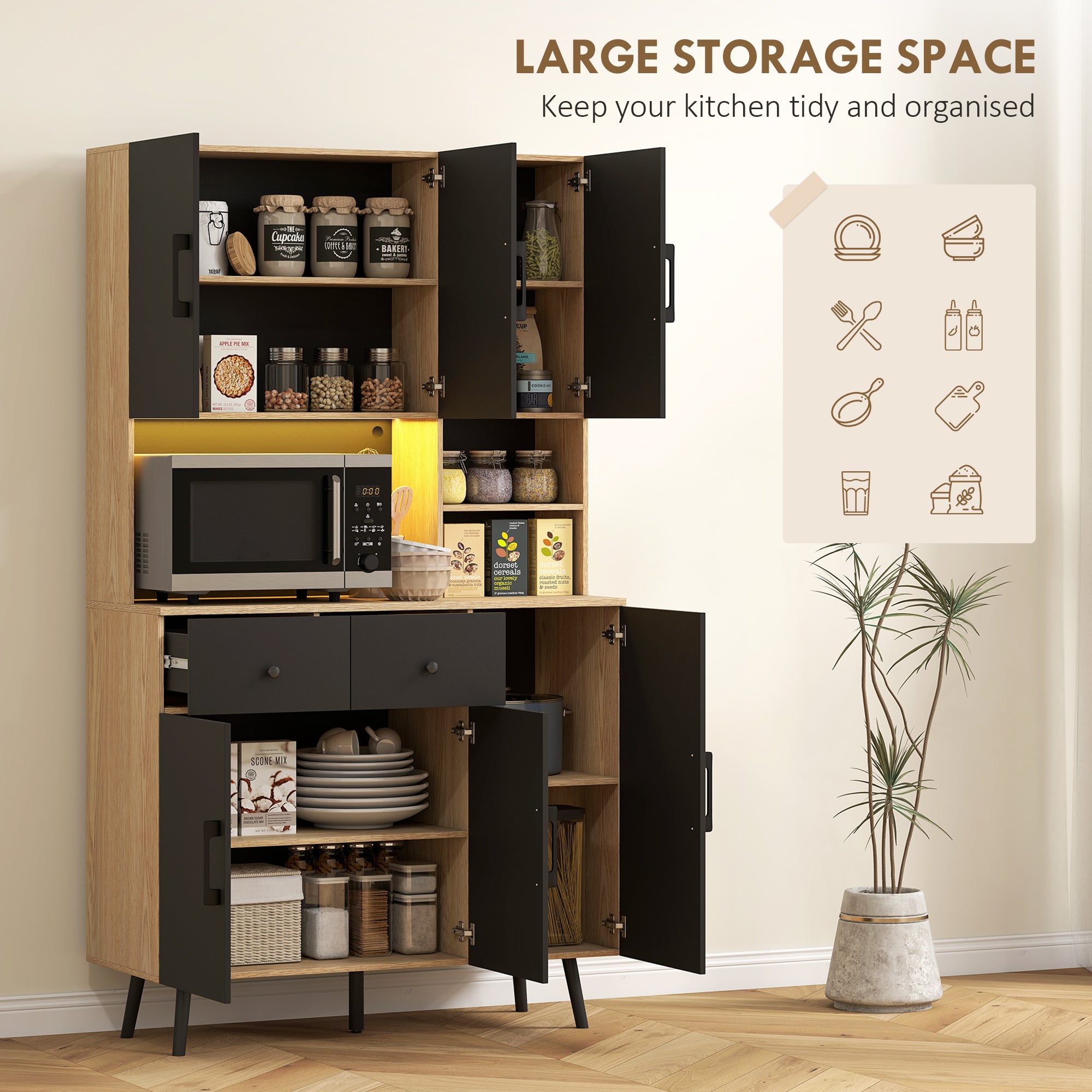176 cm Tall Kitchen Cupboard with RGB LED Lights, Freestanding 6-Door Kitchen Storage Cabinet with 2 Drawers, Adjustable Shelves, Open Countertop and Cable Hole, Oak and Black