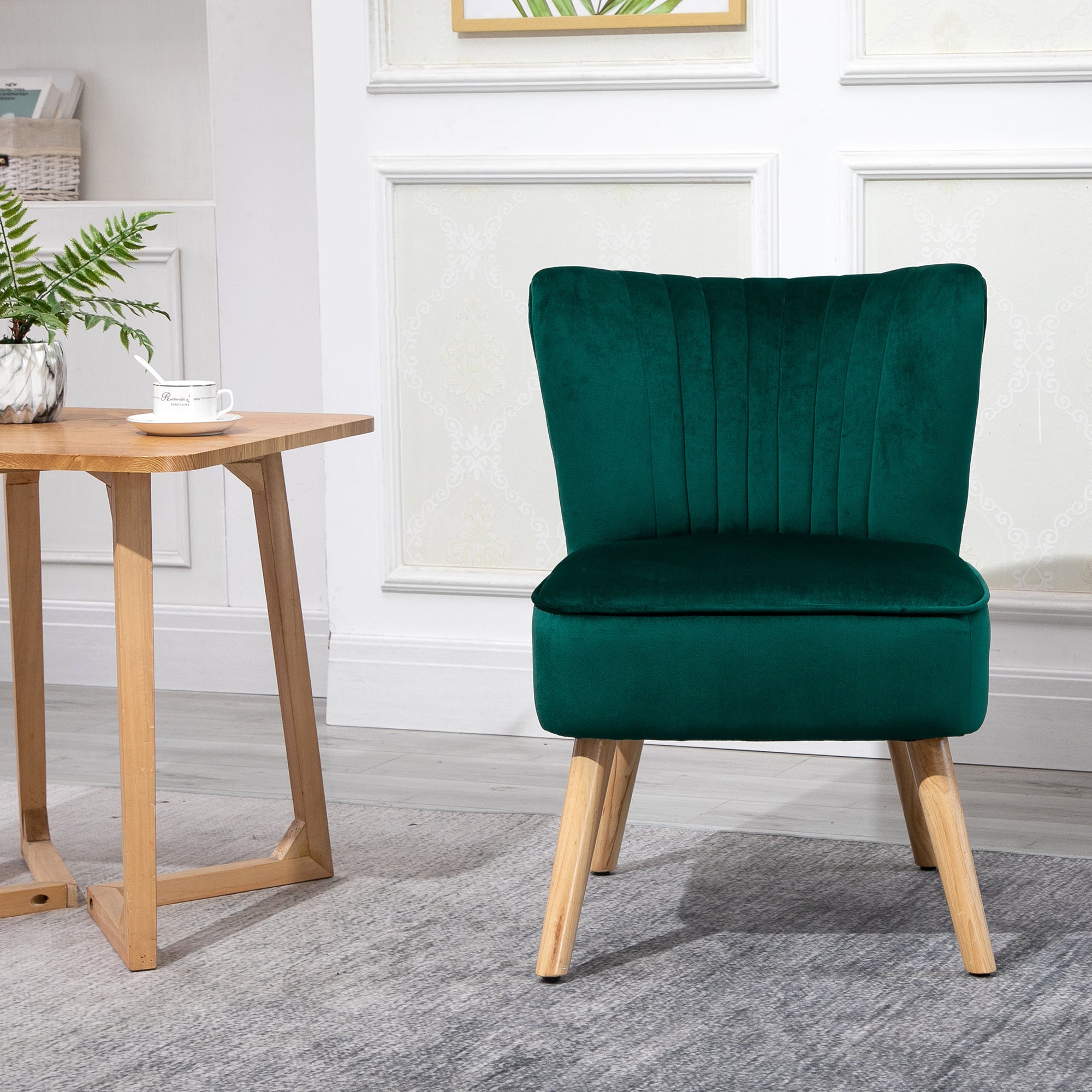 HOMCOM Velvet Accent Chair Occasional Tub Seat Padding Curved Back with Wood Frame Legs Home Furniture Green