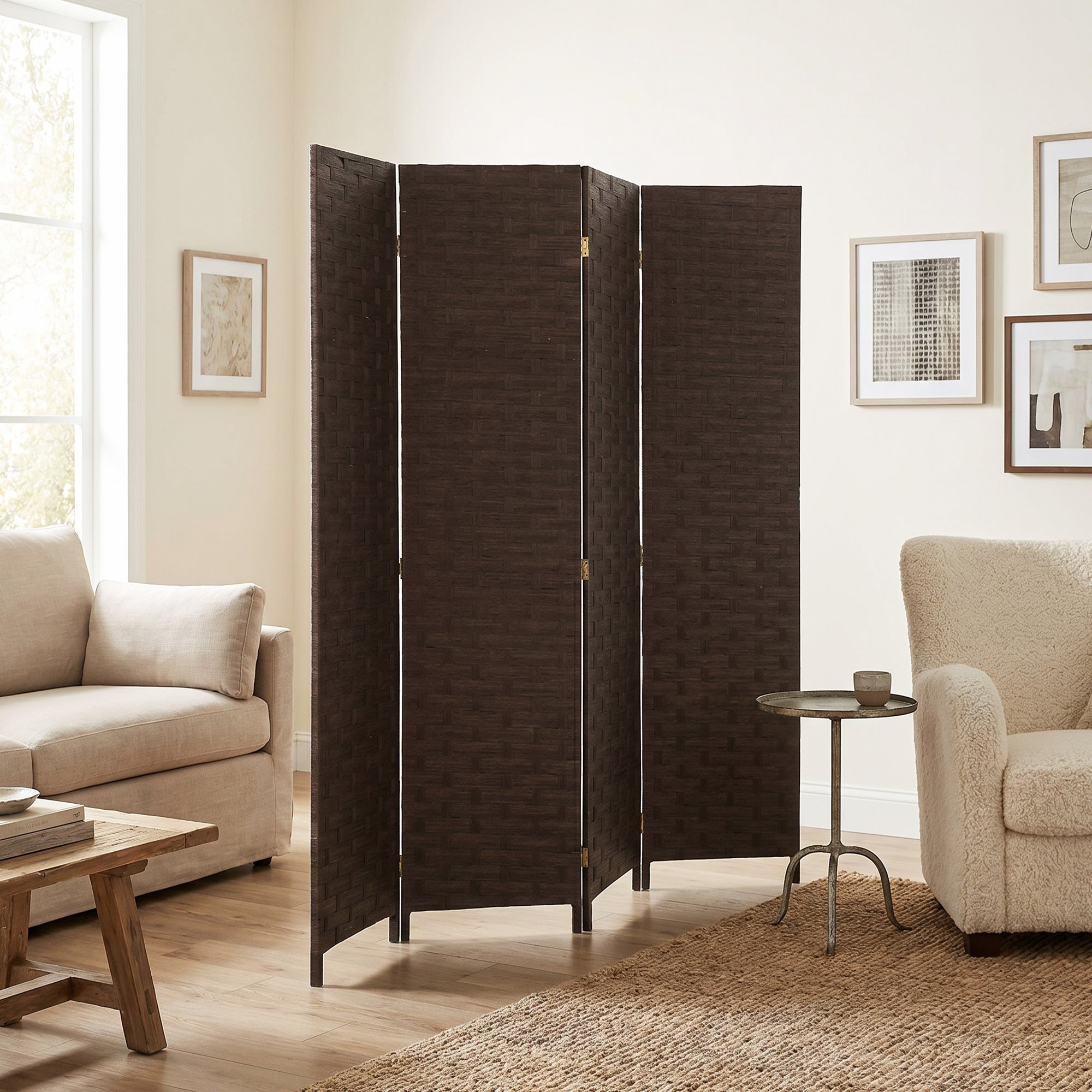 4-Panel Room Dividers, Wave Fibre Freestanding Folding Privacy Screen Panels, Partition Wall Divider for Indoor Bedroom Office, 170 cm, Dark Brown