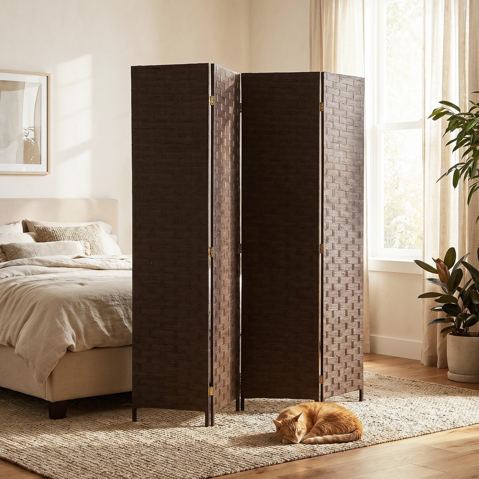 4-Panel Room Dividers, Wave Fibre Freestanding Folding Privacy Screen Panels, Partition Wall Divider for Indoor Bedroom Office, 170 cm, Dark Brown