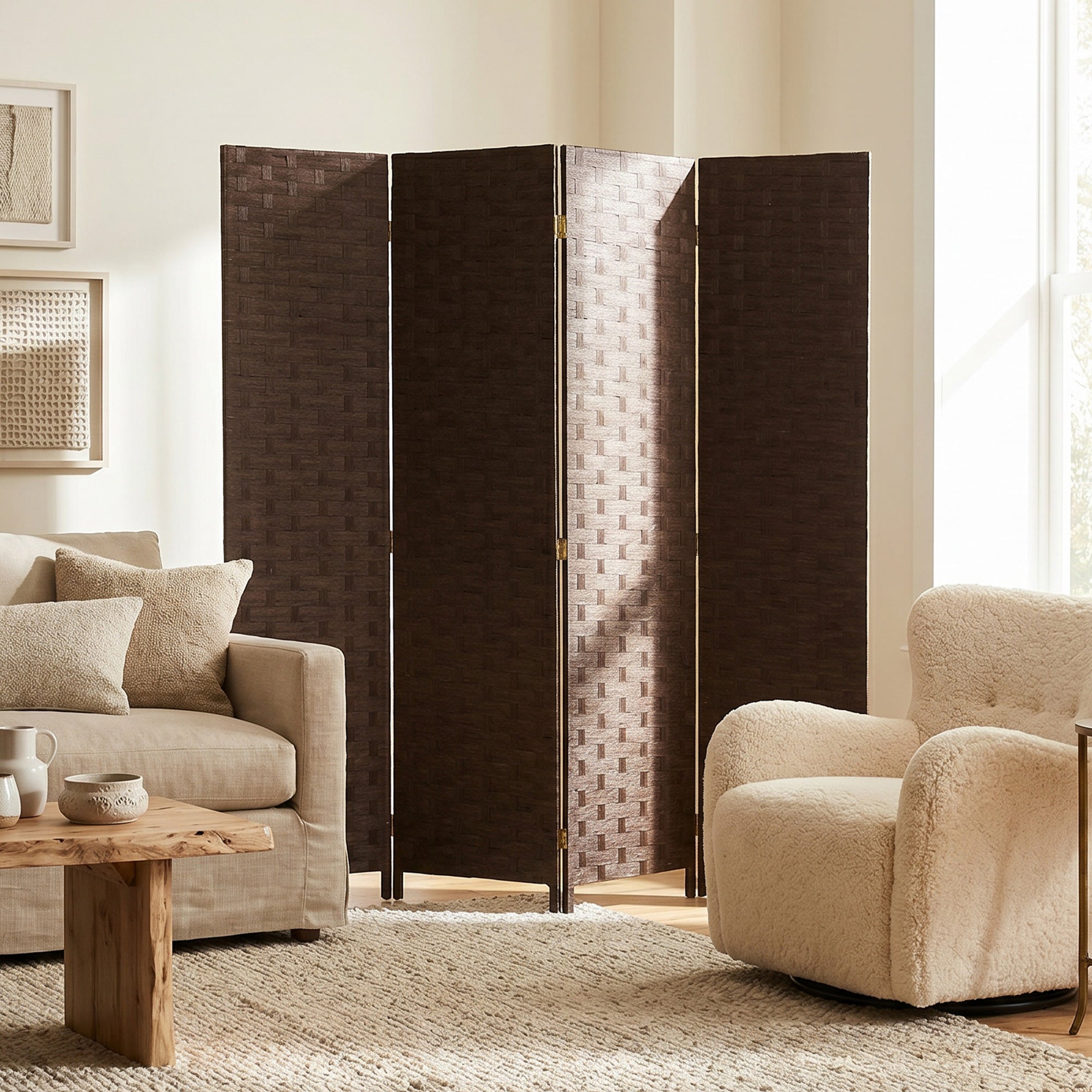 4-Panel Room Dividers, Wave Fibre Freestanding Folding Privacy Screen Panels, Partition Wall Divider for Indoor Bedroom Office, 170 cm, Dark Brown