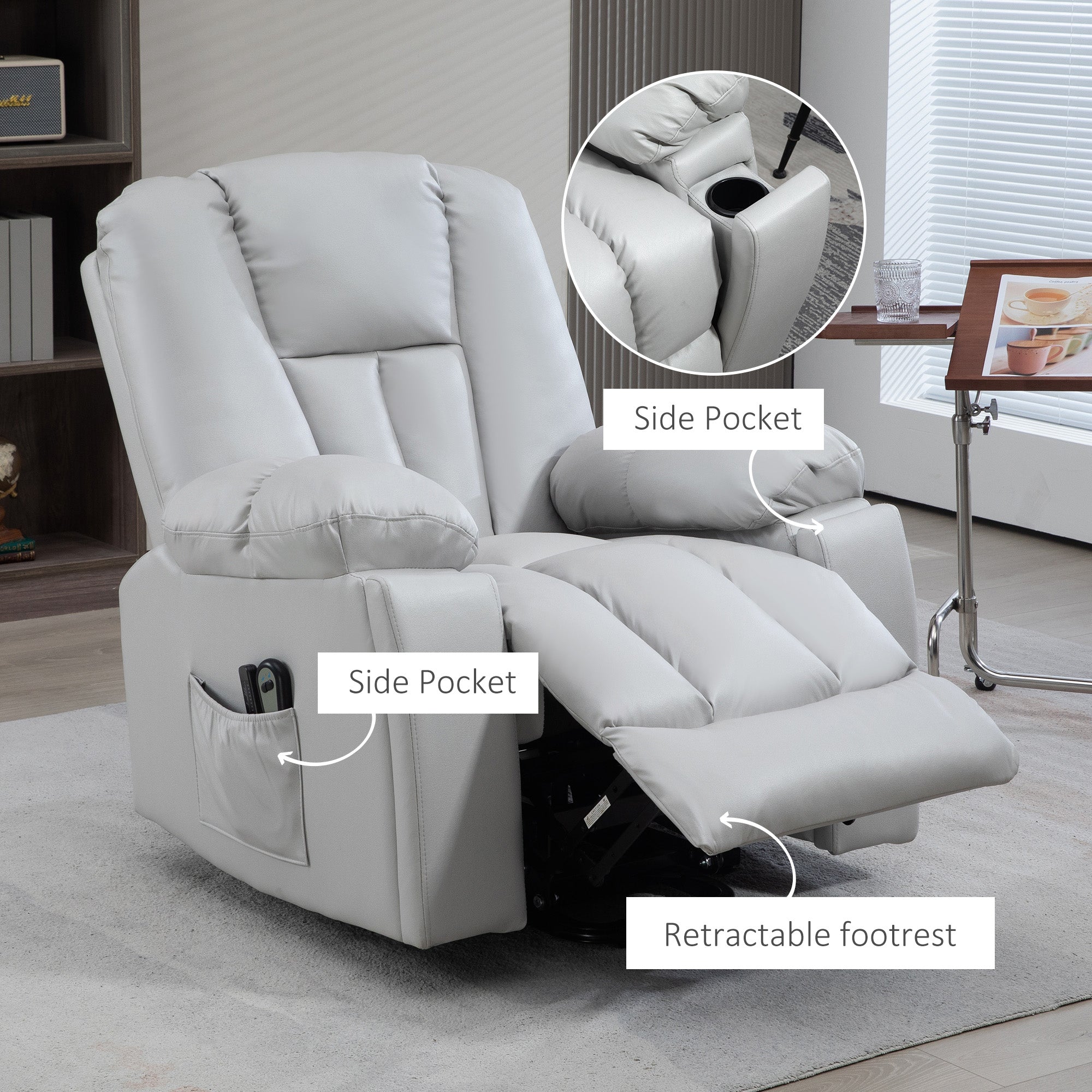 HOMCOM Riser and Recliner Chair for the Elderly, Quick Assembly, Lift Chair with Vibration Massage, Remote Control, Side Pockets, Pocket Spring, Cup Holder, Light Grey