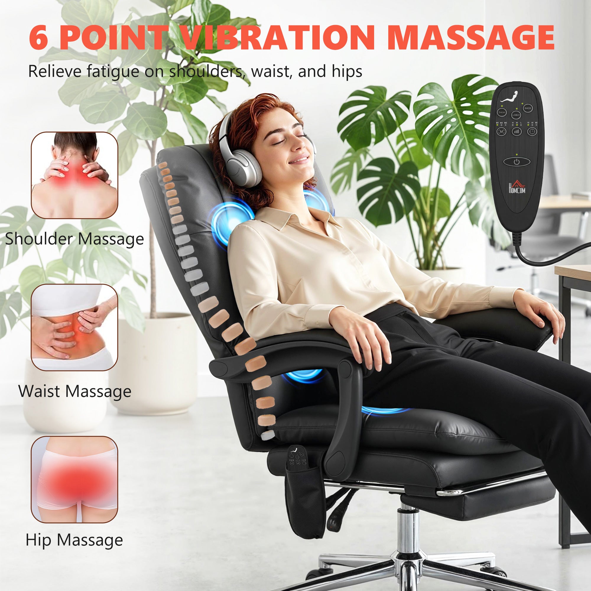 Massage Office Chair with 6-Point Vibration, Pet-Friendly Faux Leather Ergonomic Executive Desk Chair with Double-Layer Spring Cushions, Wide Seat, High Back, Reclining, Footrest, Black