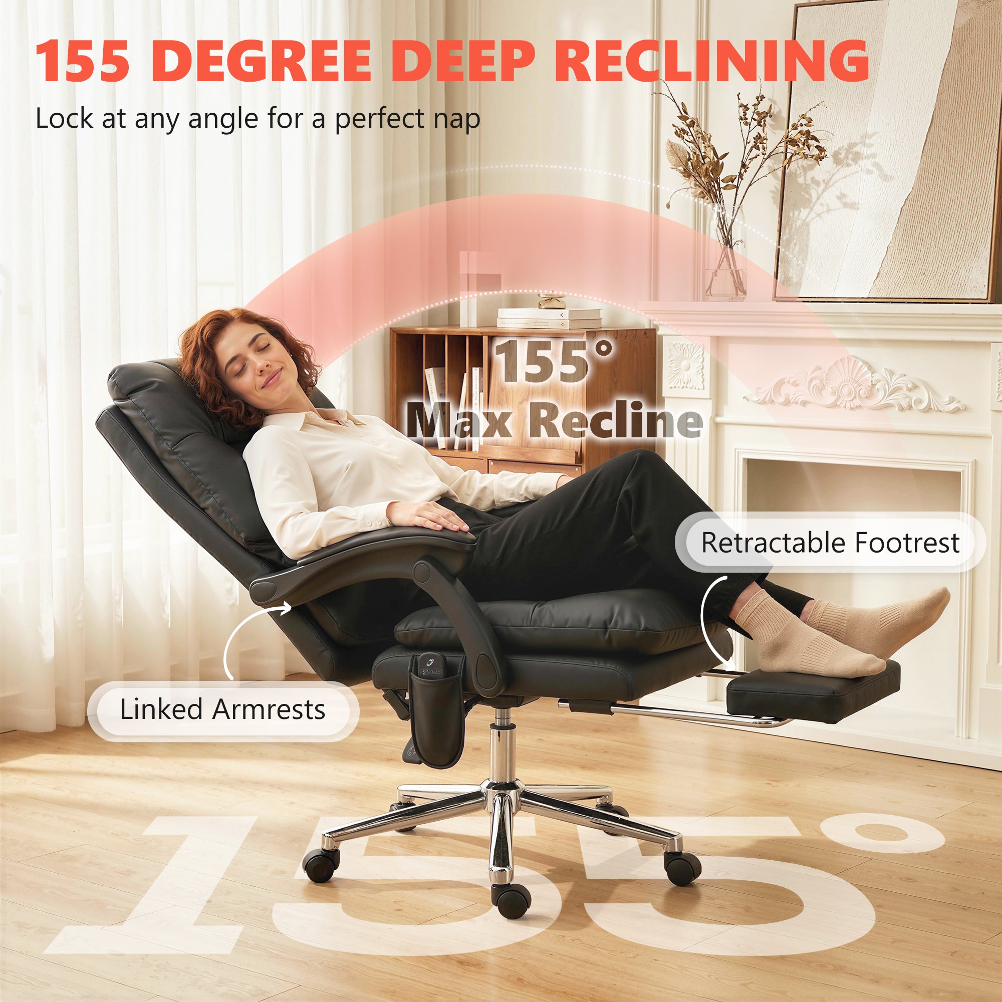 Massage Office Chair with 6-Point Vibration, Pet-Friendly Faux Leather Ergonomic Executive Desk Chair with Double-Layer Spring Cushions, Wide Seat, High Back, Reclining, Footrest, Black