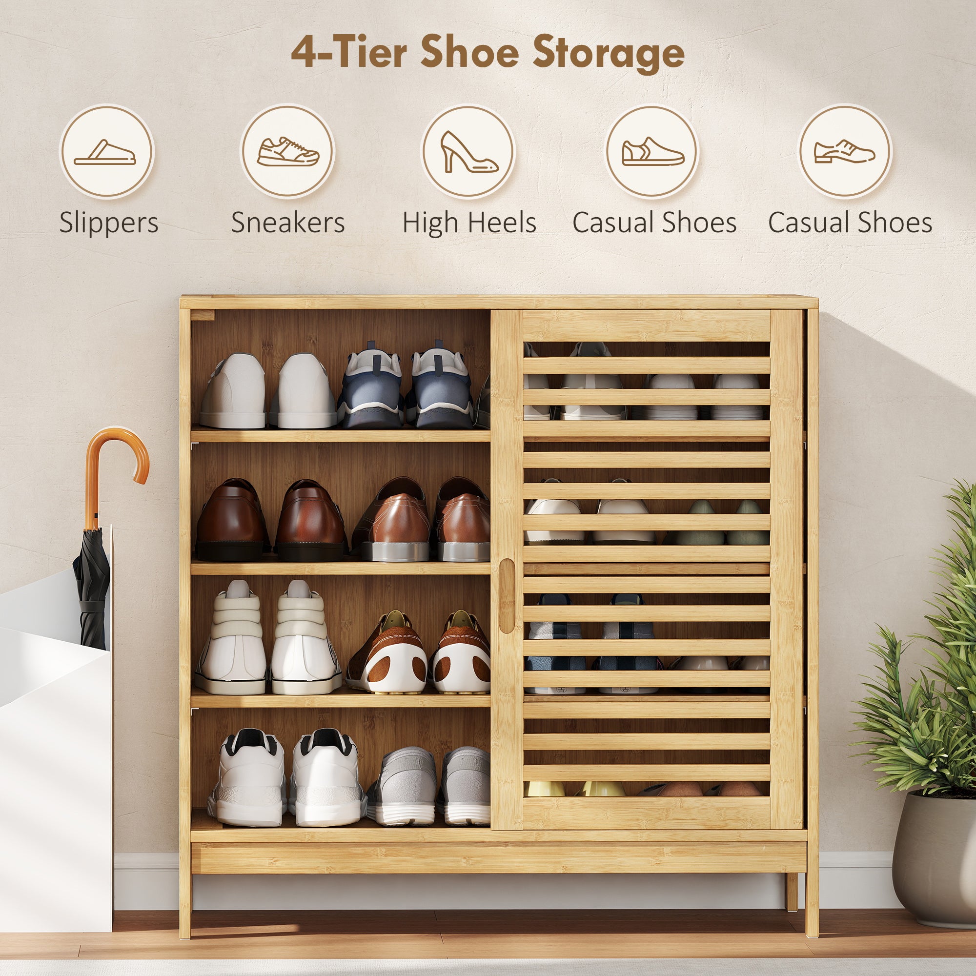 Bamboo Shoe Cabinet with 2 Sliding Slat Doors, 16Pairs Hallway Shoe Cupboard with Adjustable Shelves, Entryway Storage Unit, Natural