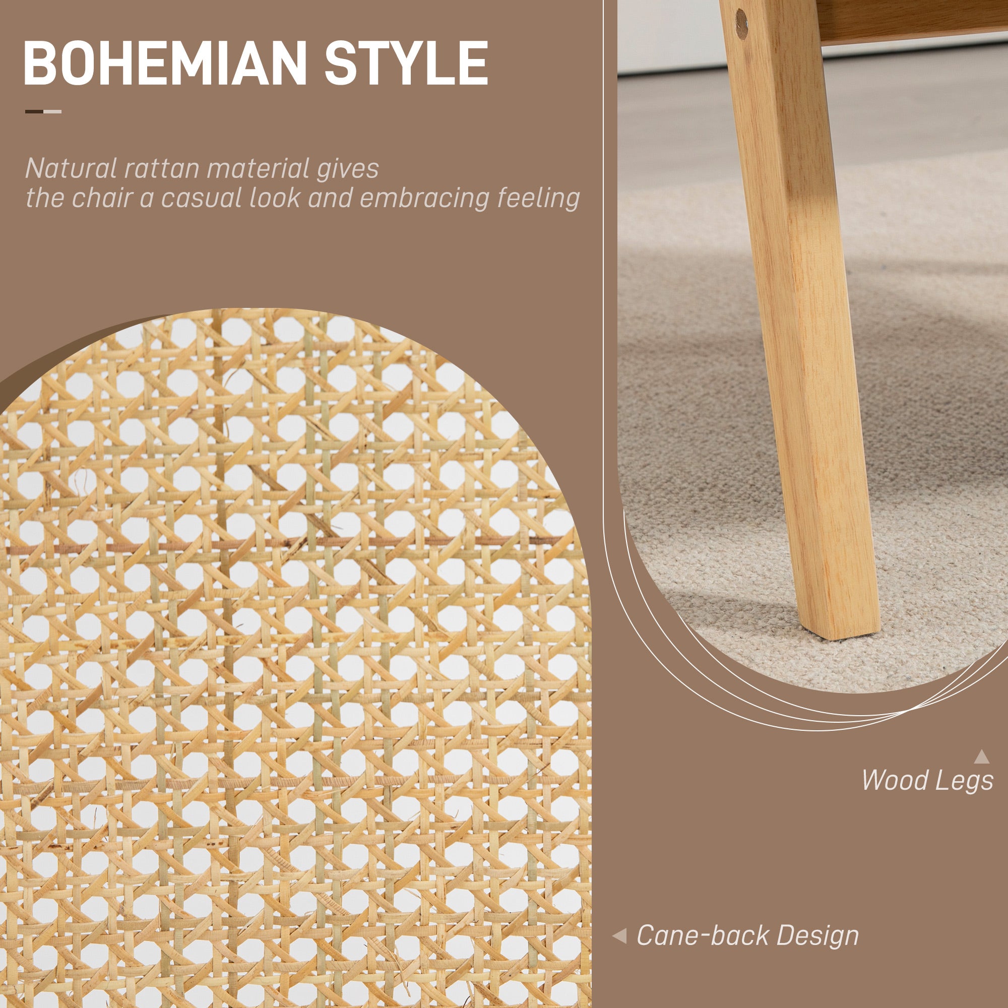 HOMCOM Armchair, Fabric Accent Chair with Rattan Back, Rubber Wood Frame and Padded Seat Cushion for Living Room, Bedroom, Home Office, Cream White Finish