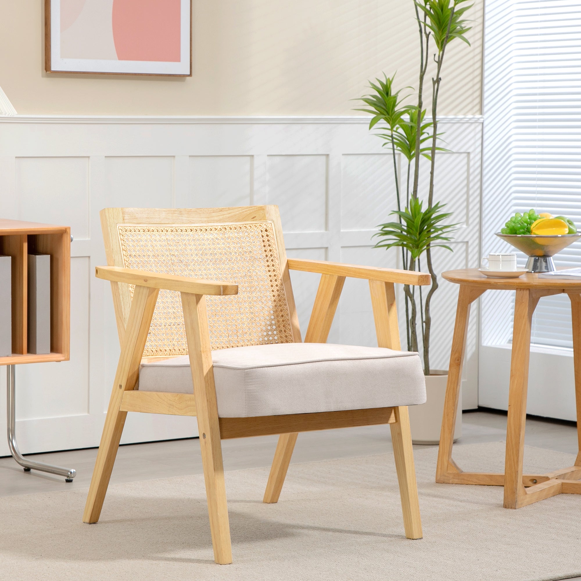 HOMCOM Armchair, Fabric Accent Chair with Rattan Back, Rubber Wood Frame and Padded Seat Cushion for Living Room, Bedroom, Home Office, Cream White Finish