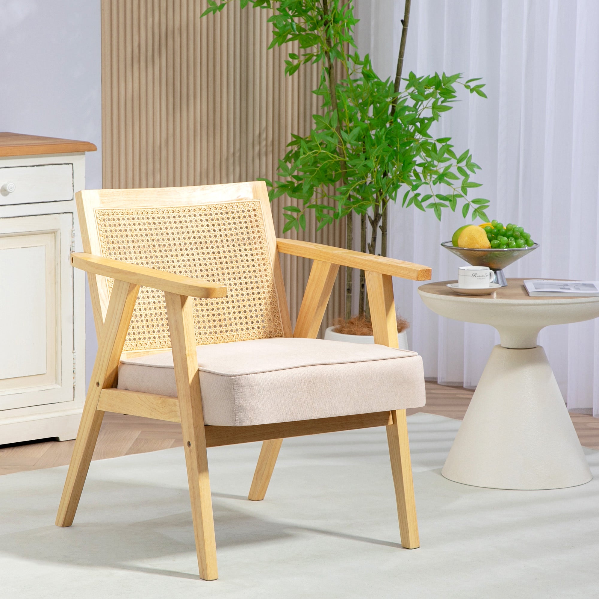 HOMCOM Armchair, Fabric Accent Chair with Rattan Back, Rubber Wood Frame and Padded Seat Cushion for Living Room, Bedroom, Home Office, Cream White Finish