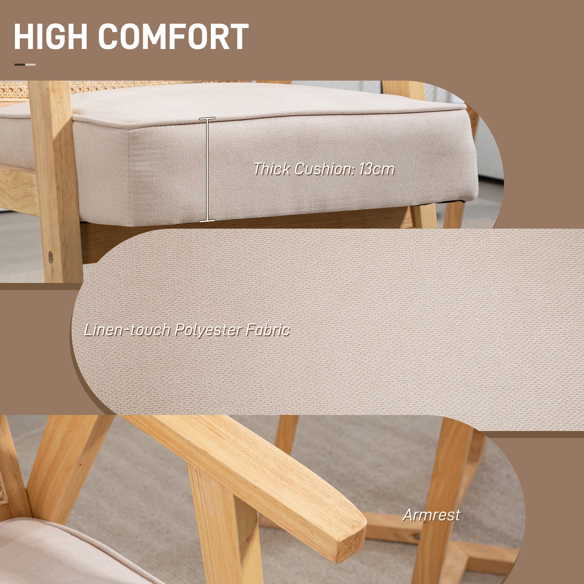 HOMCOM Armchair, Fabric Accent Chair with Rattan Back, Rubber Wood Frame and Padded Seat Cushion for Living Room, Bedroom, Home Office, Cream White Finish