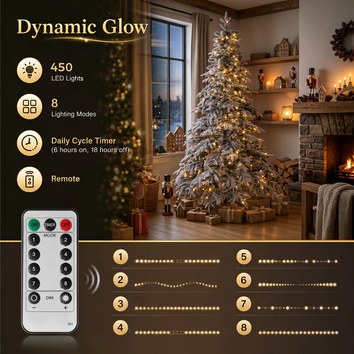 7ft Prelit Flocked Christmas Tree, Artificial Downswept Hinged Xmas Tree with 450 Warm White LED Lights, 8 Modes, Daily Timer, 1080 Tips, Remote, Steel Stand, Green White