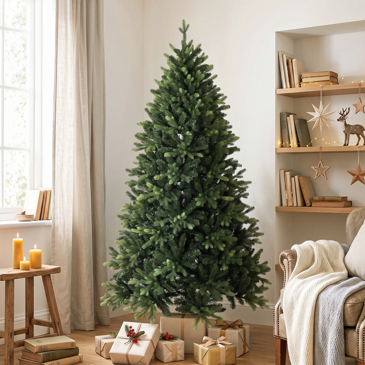 6ft Artificial Christmas Tree, Hinged Xmas Tree with 2419 PE & PVC Branch Tips, Solid Fir Wood Stand, Auto Open for Home Office Holiday Decoration, Green