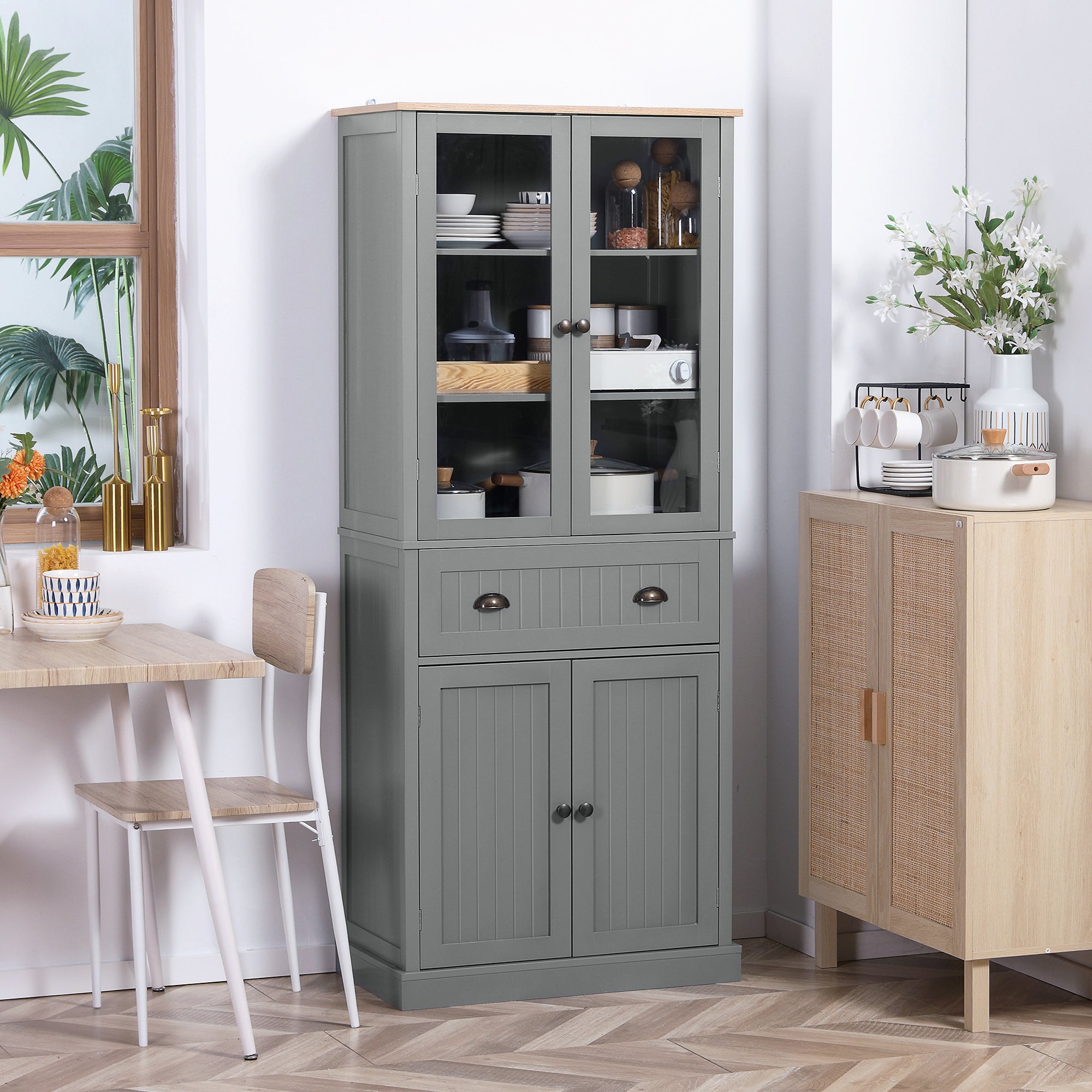 Freestanding Kitchen Cupboard, 5-tier Storage Cabinet with Adjustable Shelves and Drawer for Living Room, Dining Room, Grey