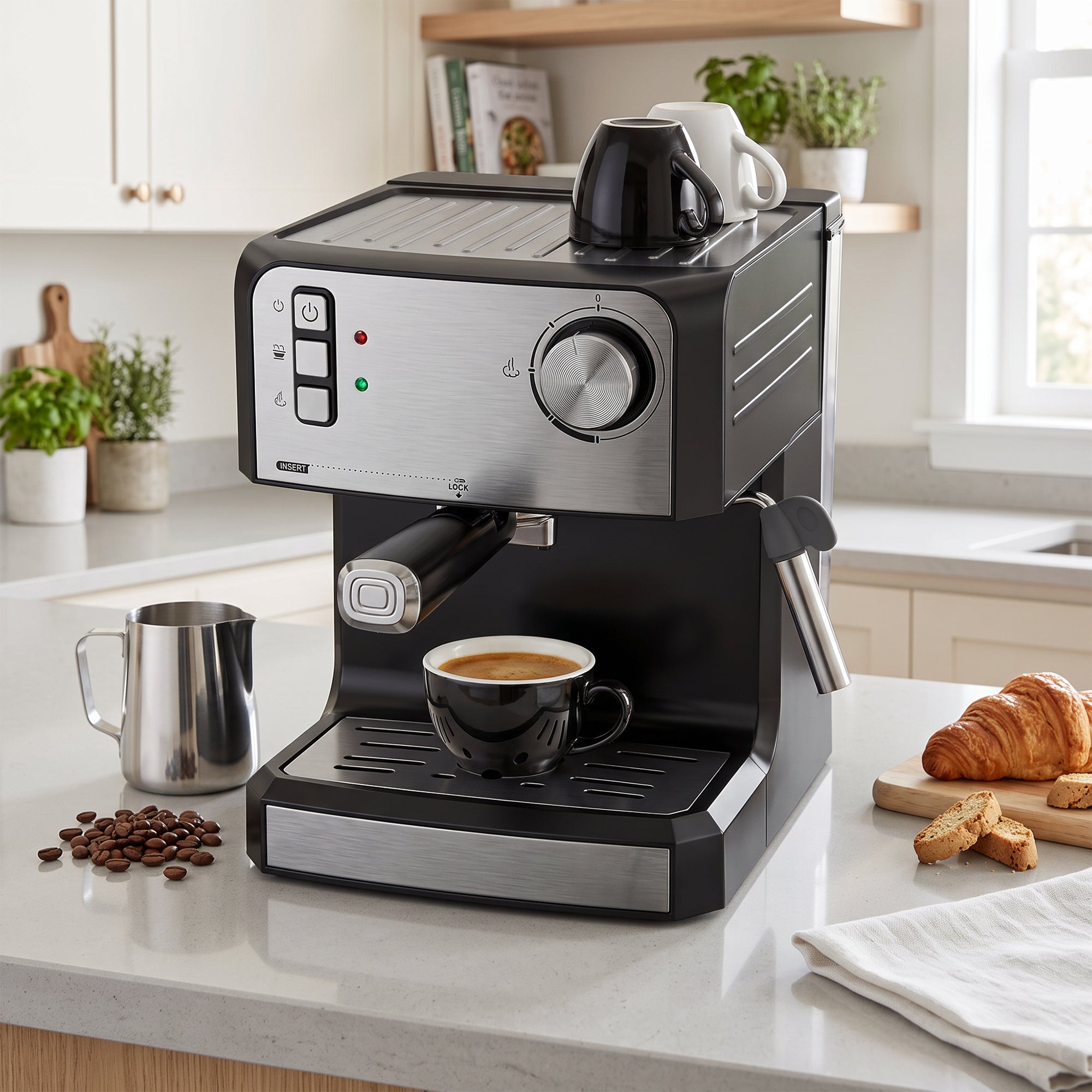 Espresso Machine with Milk Frother Wand, 1.6 L Water Tank, 850W Semi Automatic 20 Bar Coffee Machine, Latte and Cappuccino Maker with Double Shot, Hot Water, Cup Warming, Black and Silver