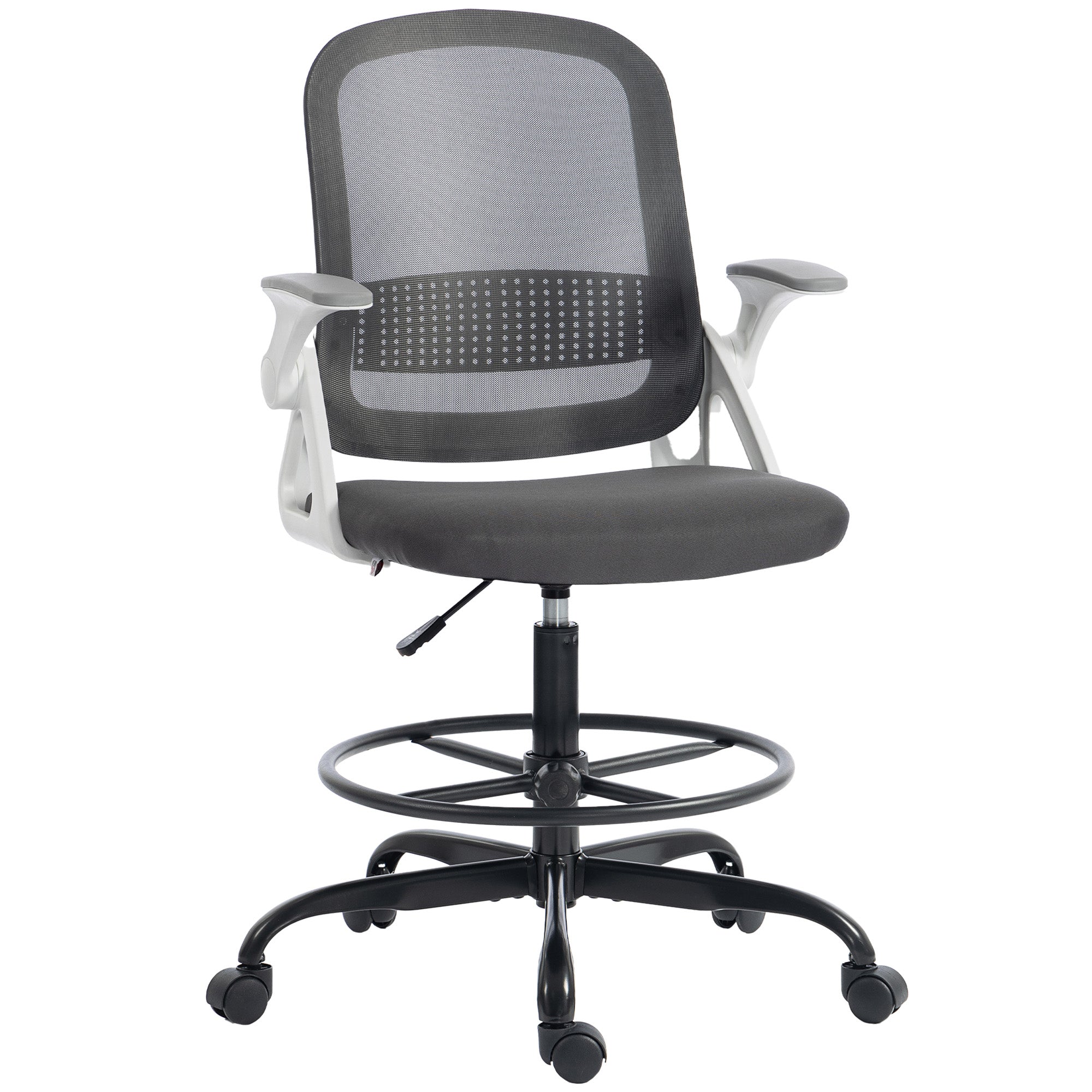 Drafting Chair, Mesh Standing Desk Chair with Flip-up Armrests, Adjustable Height and Footrest, Lumbar Support, Rolling Wheels for Home Office, Grey