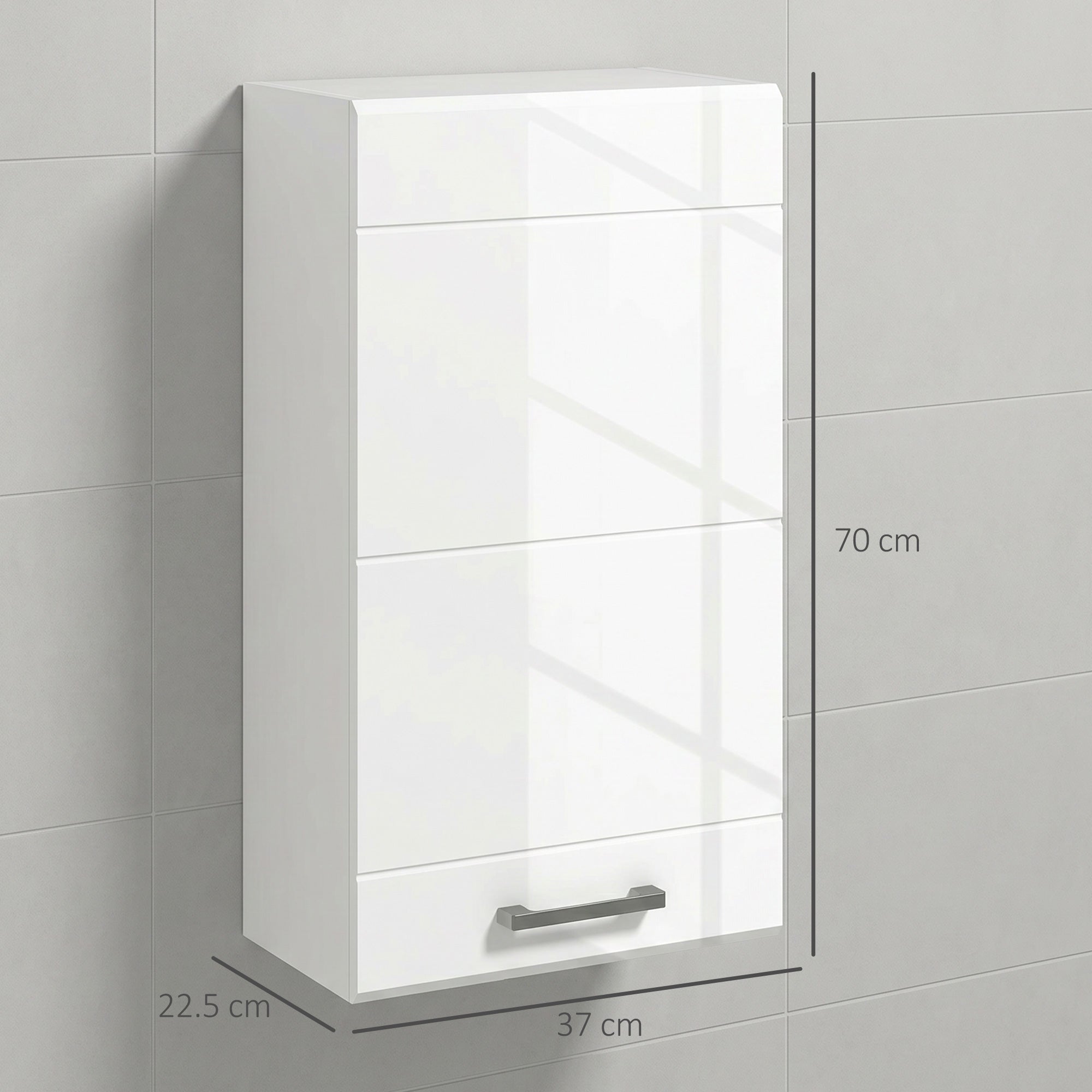 Bathroom Wall Cabinet, High Gloss Wall Mount Bathroom Storage Cabinet with Soft-Close Door, 3 Shelves, Adjustable Shelf for Hallway, Living Room, Over Toilet, 37x22.5x70 cm, White