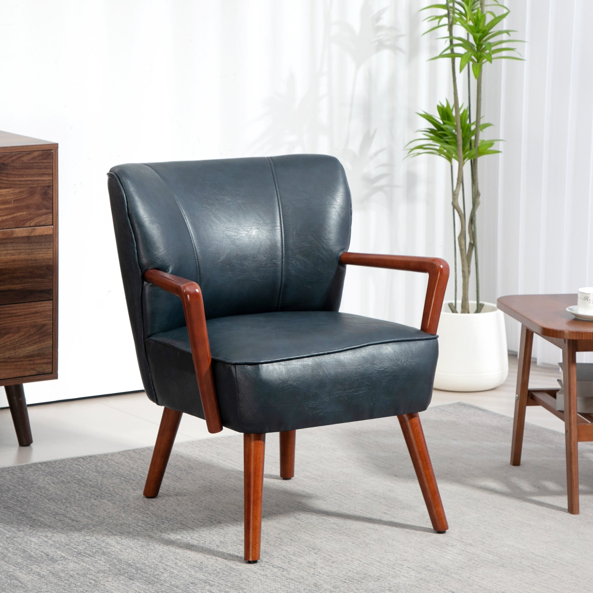 HOMCOM Modern Accent Chair, Upholstered Armchair, Faux Leather Living Room Chair with Wood Legs and Wide Padded Seat, Duke Deep Sea Blue